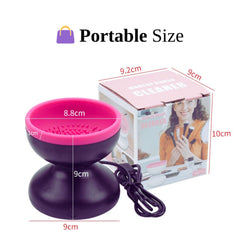 Makeup brush cleaner, pink and black plastic bowl, with a box labeled "Makeup Brush Cleaner