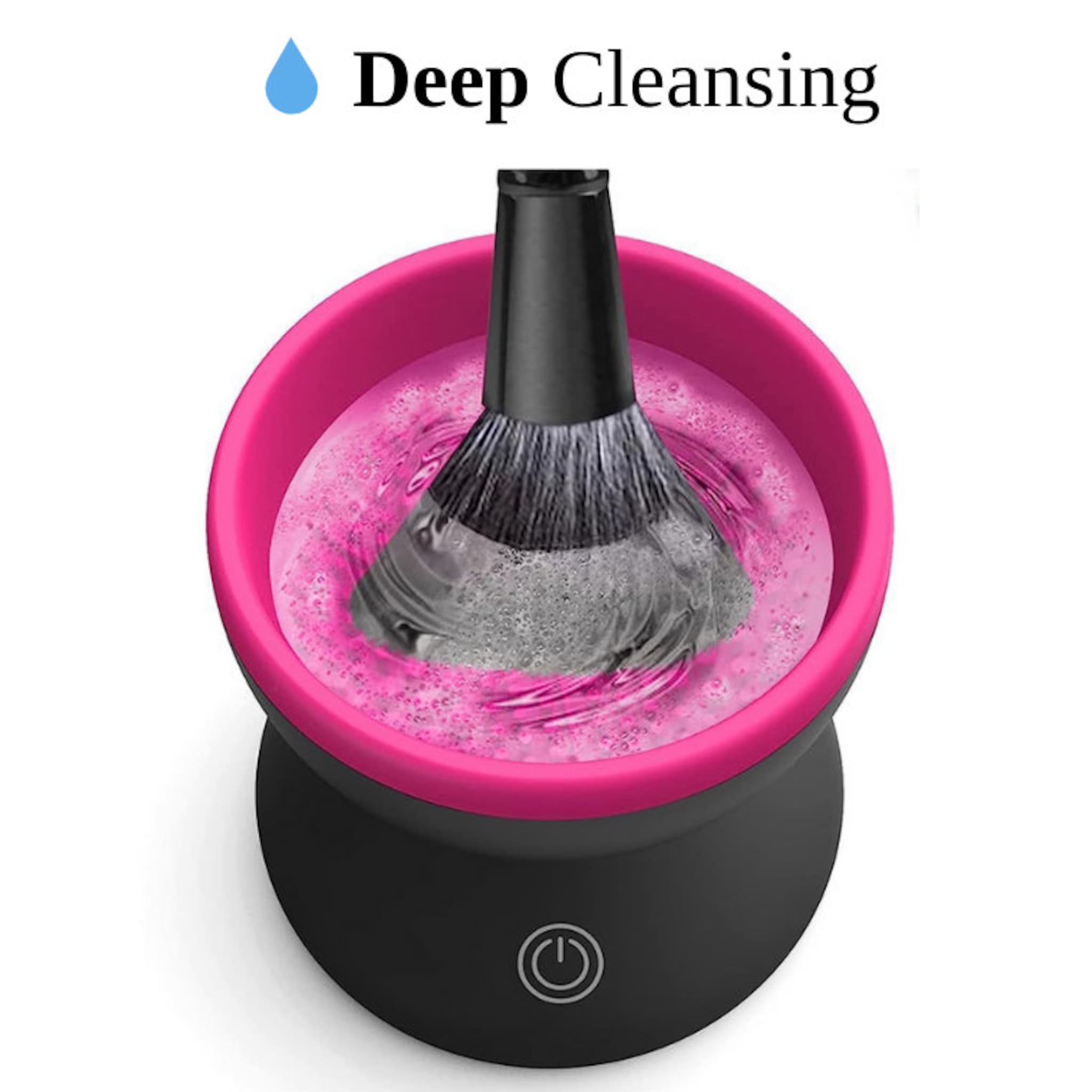 Makeup brush cleaner with pink bowl, black base, and brush cleaning inside