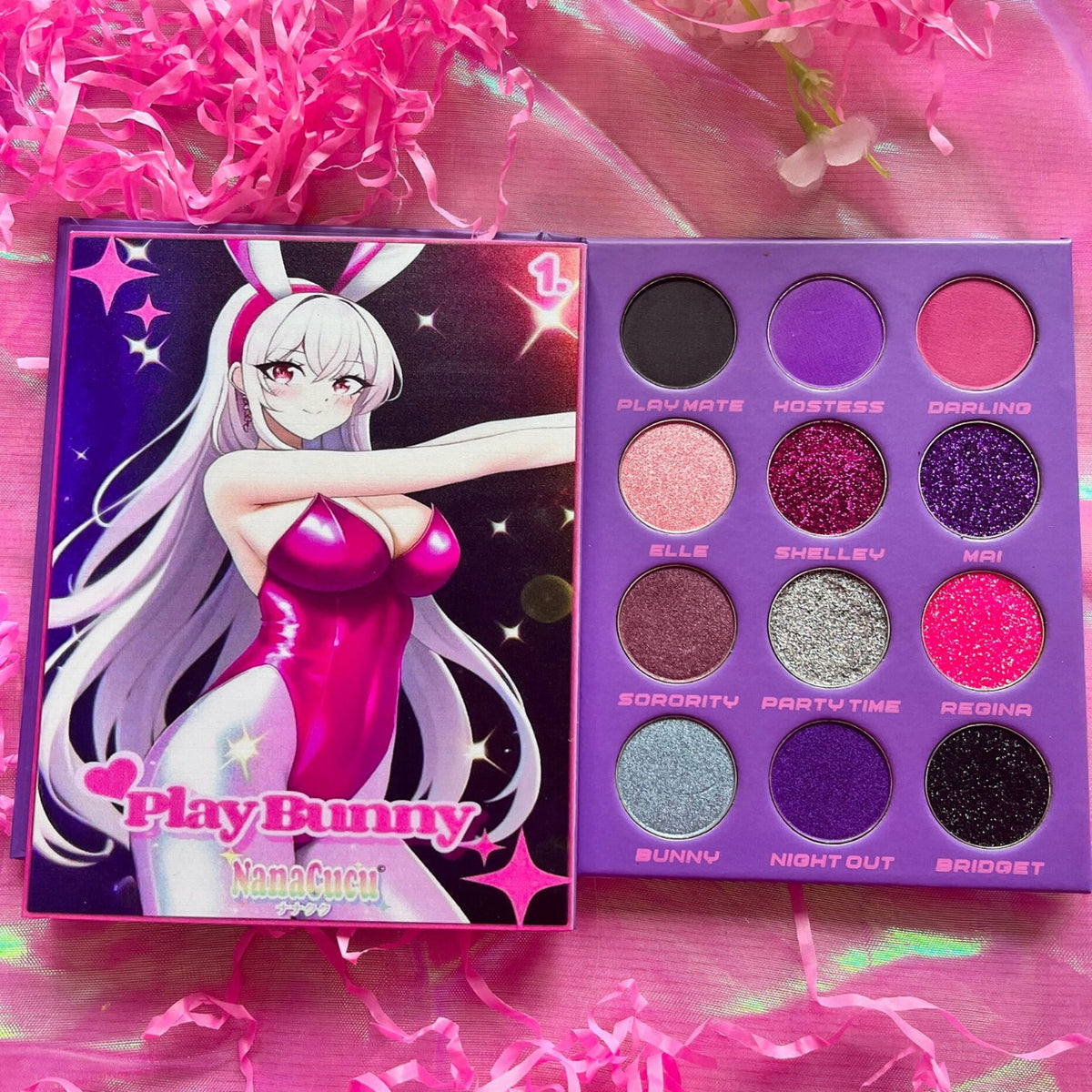 Bunny Play Eyeshadow Palette with six vibrant matte and shimmer shades in pink, purple, and bronze tones