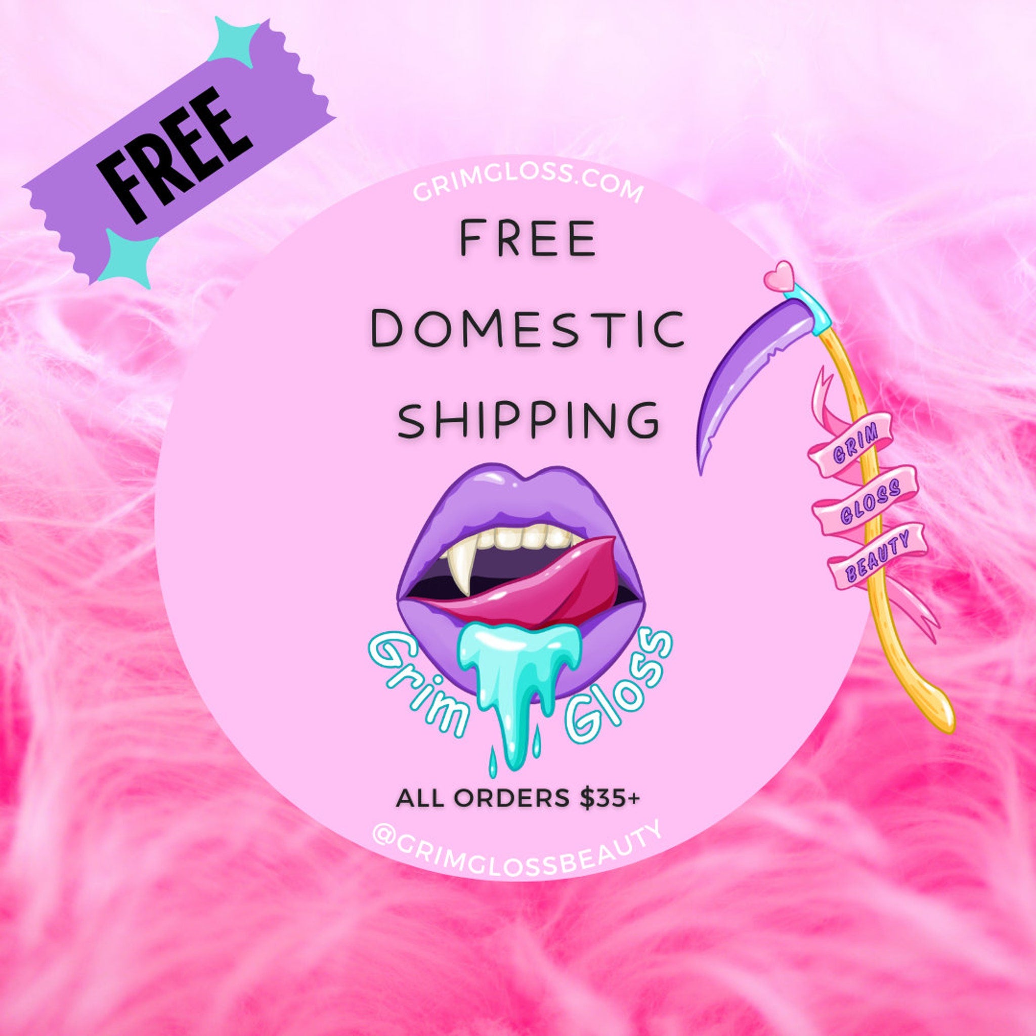 Promotional graphic with purple, pink, and teal colors, featuring brand name Grim Gloss, and free shipping text