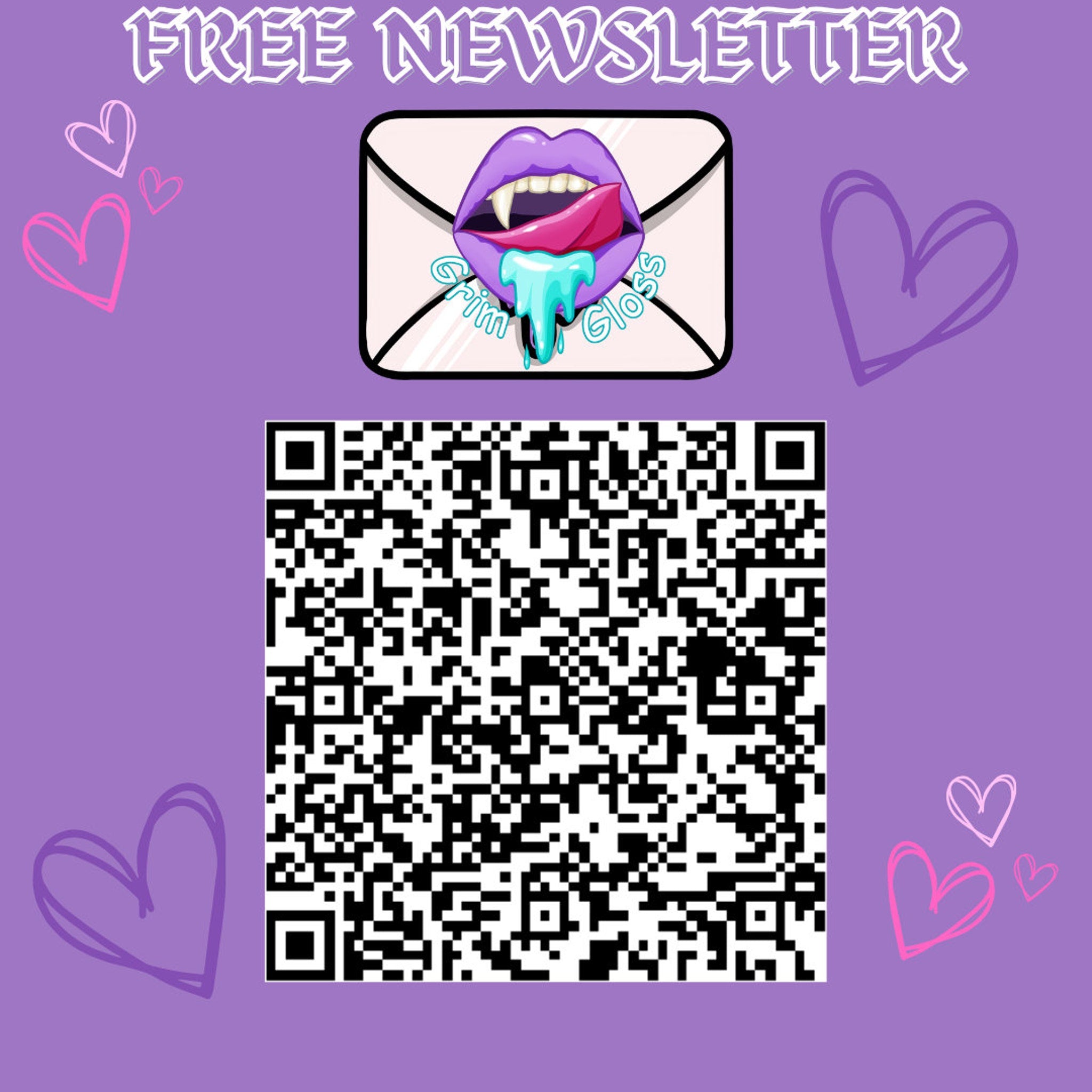 Newsletter sign-up graphic with purple background, black QR code, and Grim Gloss logo with dripping teal liquid.