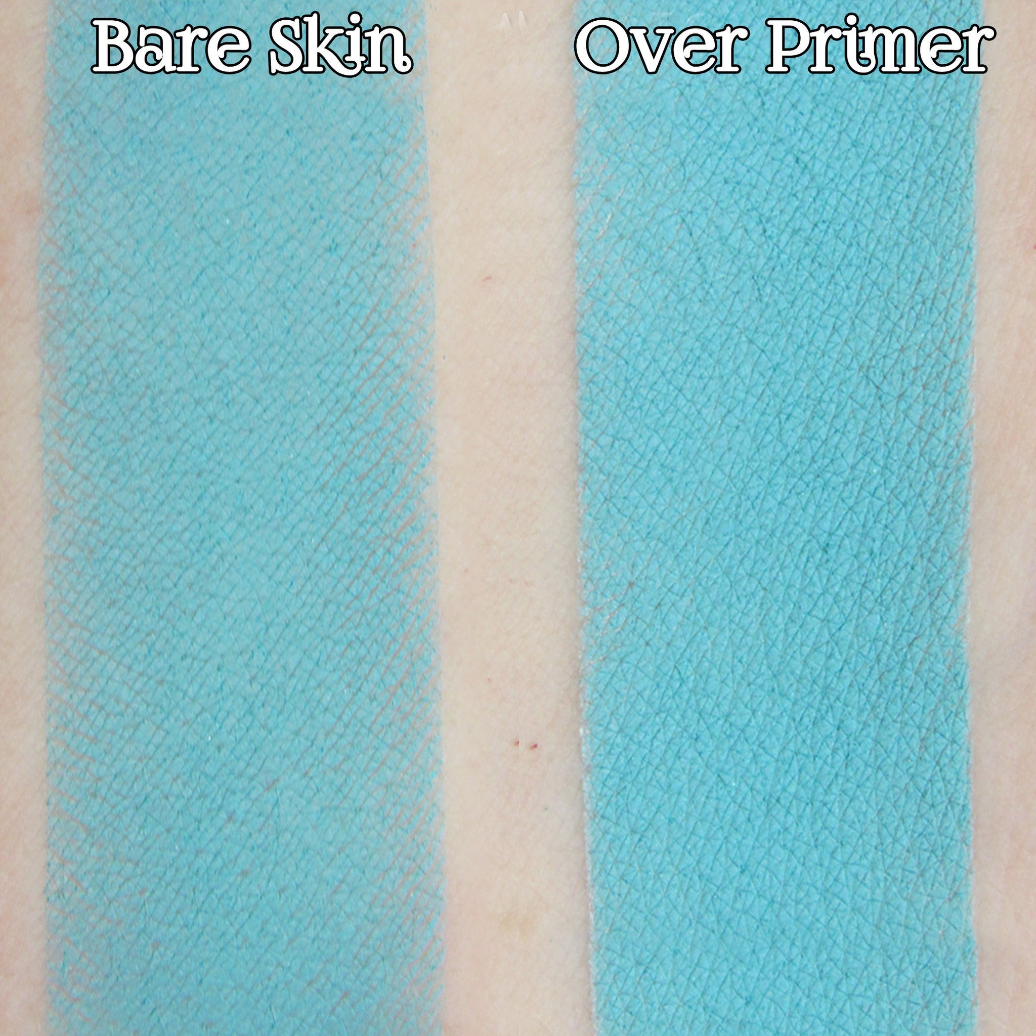 Hand applying light turquoise matte loose powder eyeshadow with brush for soft pastel aqua look