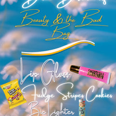 Lip gloss tube with pink glitter, gold cap, and "SMARTGANS" text, against a blue background.