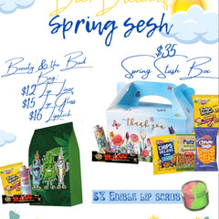 Spring Stash Box with blue and white box, floral print, and snacks inside.