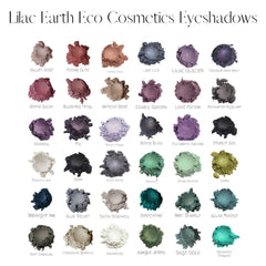 Close-up of matte mineral eye shadow samples in earthy tones with smooth, powdery texture