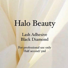 Lash adhesive with Halo Beauty text, white and cream background, black text for professional use only
