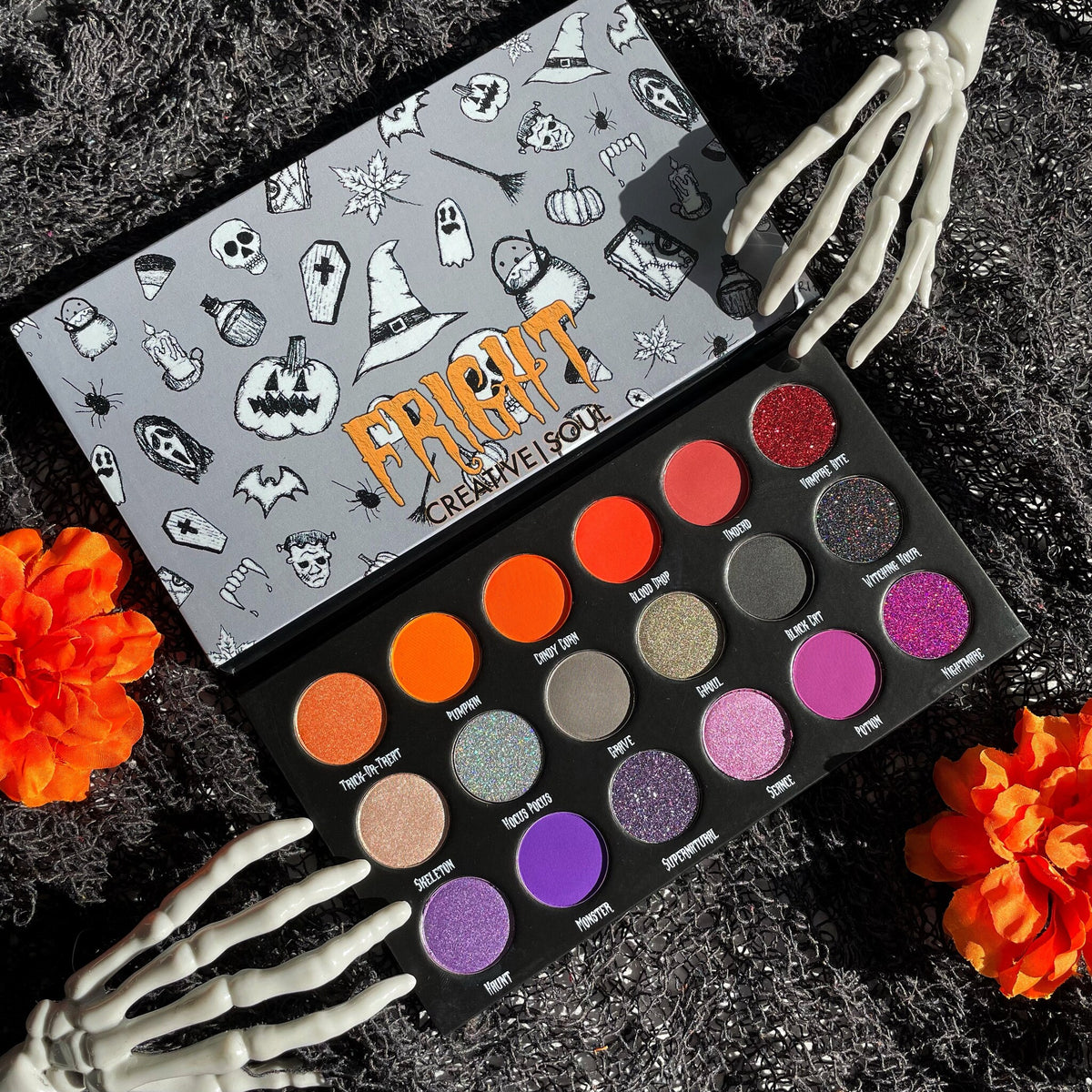 Halloween Fright Eyeshadow Palette featuring 12 vibrant shades in matte and shimmer finishes inside black compact