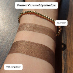 Close-up of shimmering bronze-copper vegan eyeshadow with toasted caramel undertones in compact pan
