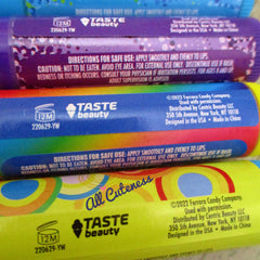 Lip balm tubes with various colors and "TASTE beauty" text, for lip care