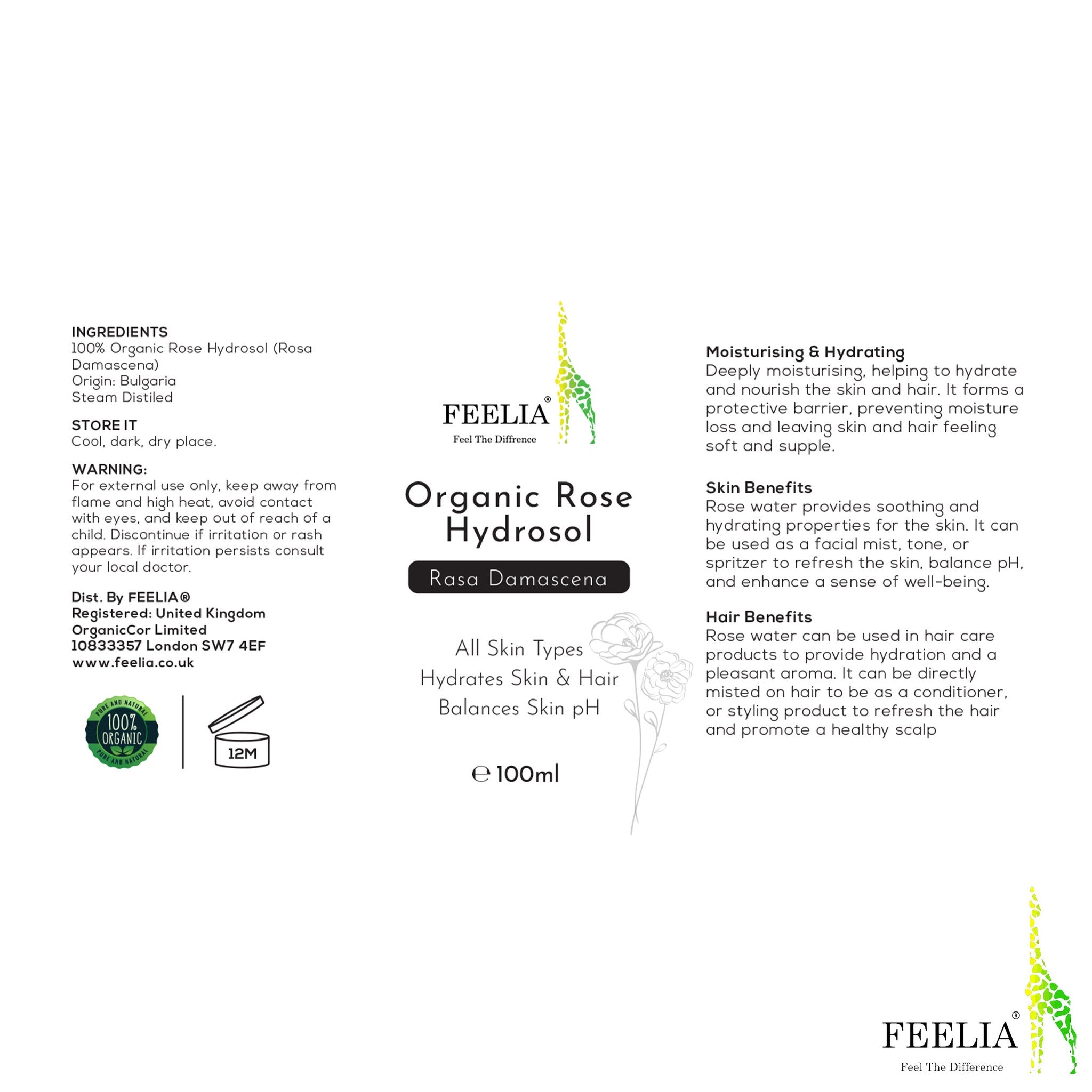 Organic Rose Hydrosol bottle with FEELIA logo, white label, and green accents for skin and hair care