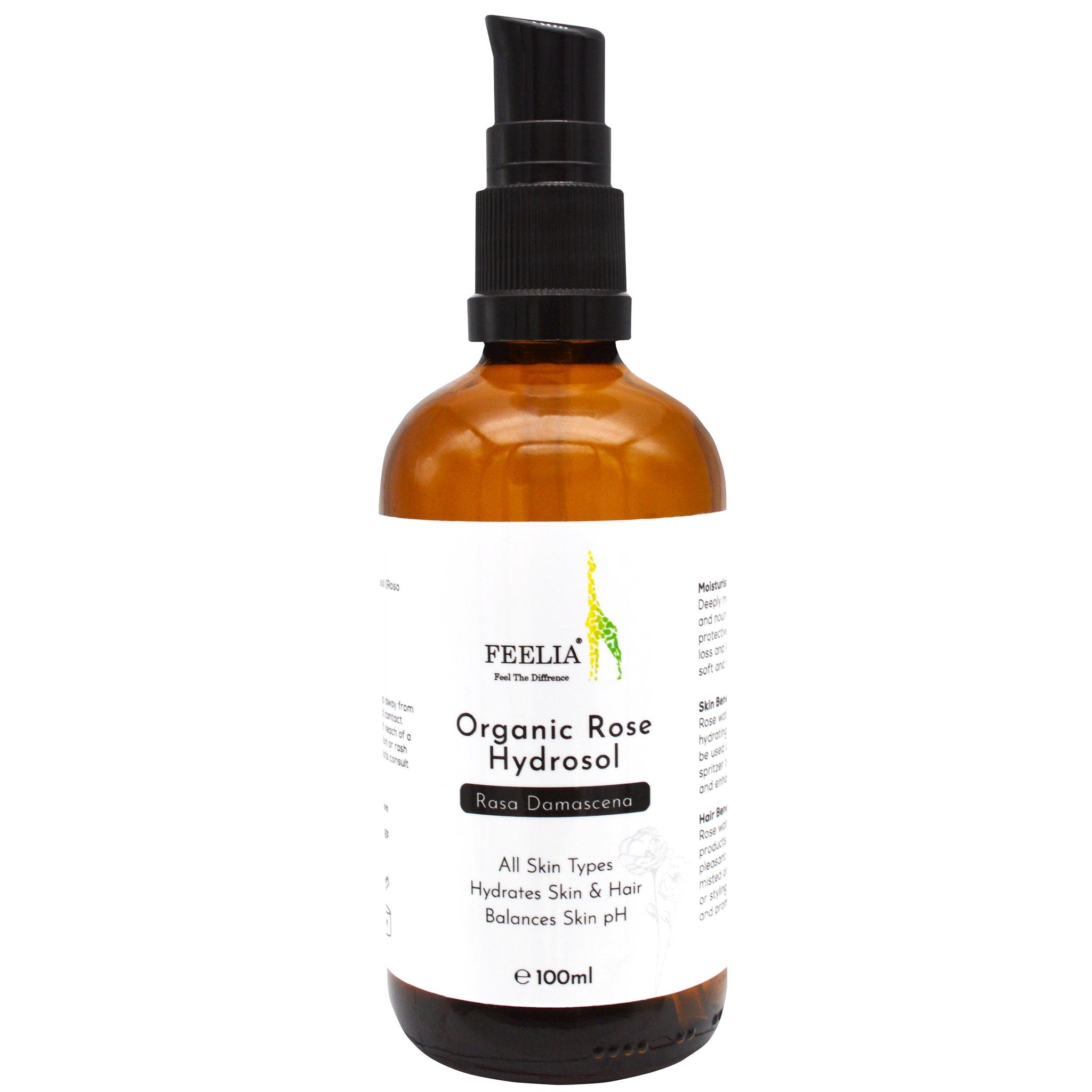 Organic Rose Hydrosol bottle, brown glass bottle with black pump top, white label with text FEELIA