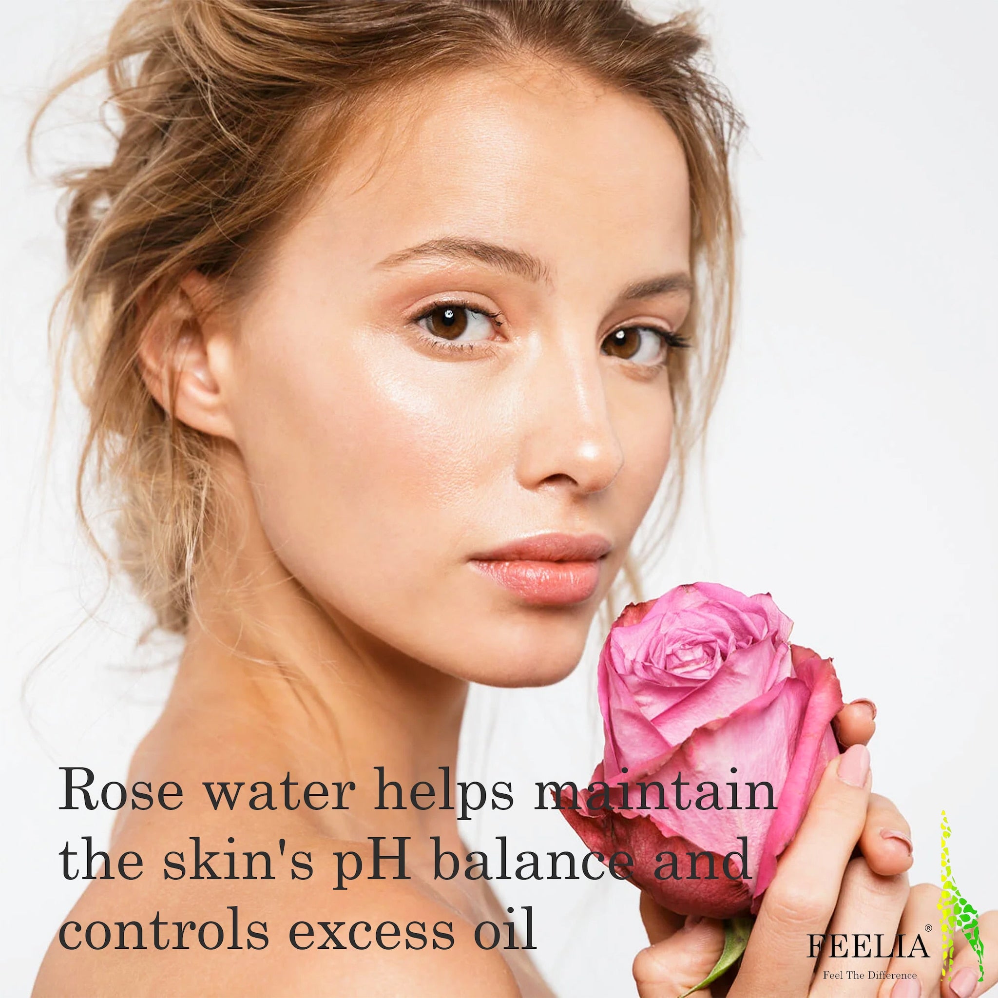 Woman holding pink rose, fair skin, light brown hair, FEELIA logo visible
