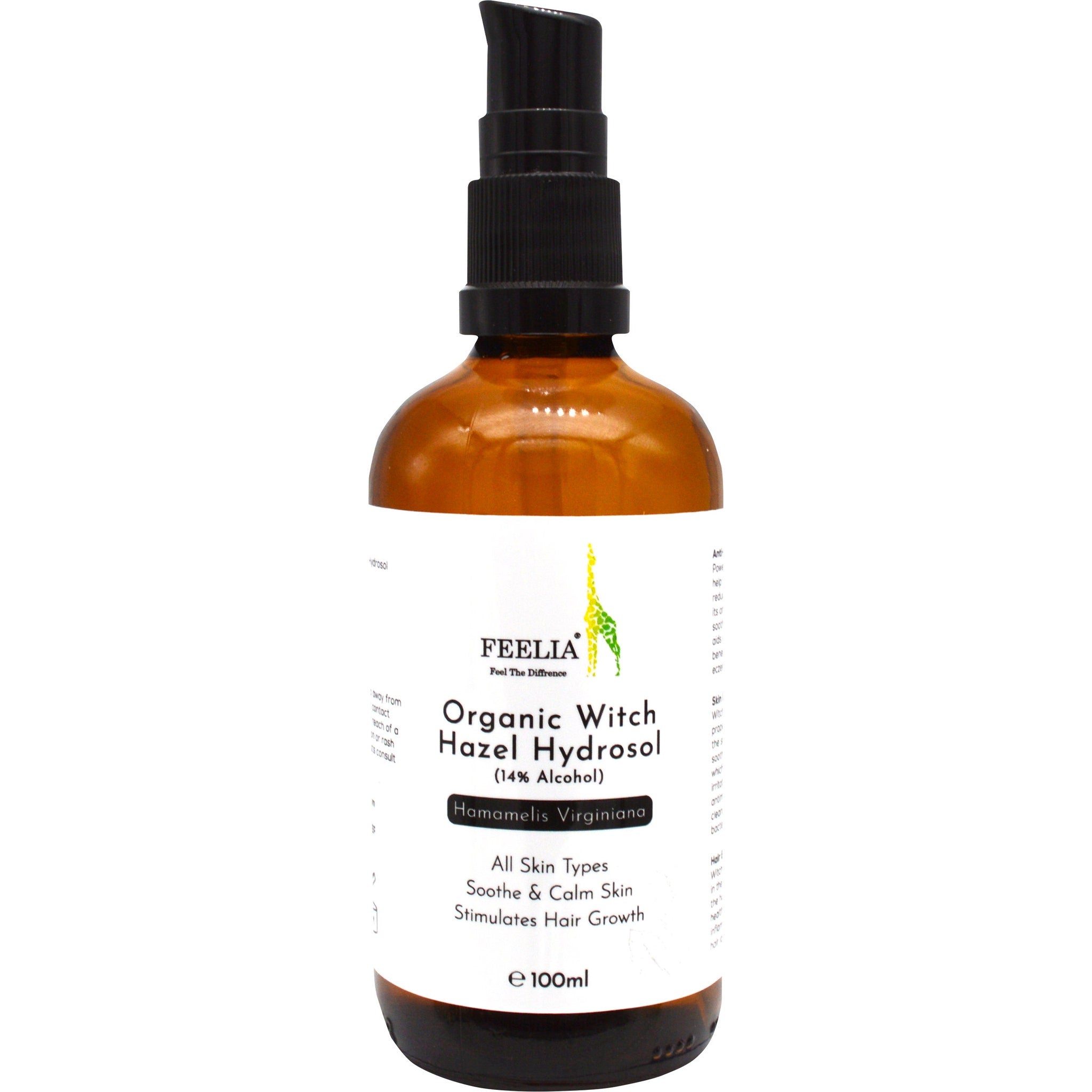 Hydrosol bottle with brown glass, black pump, and white label with FEELIA text.