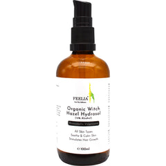Hydrosol bottle with brown glass, black pump, and white label with FEELIA text.