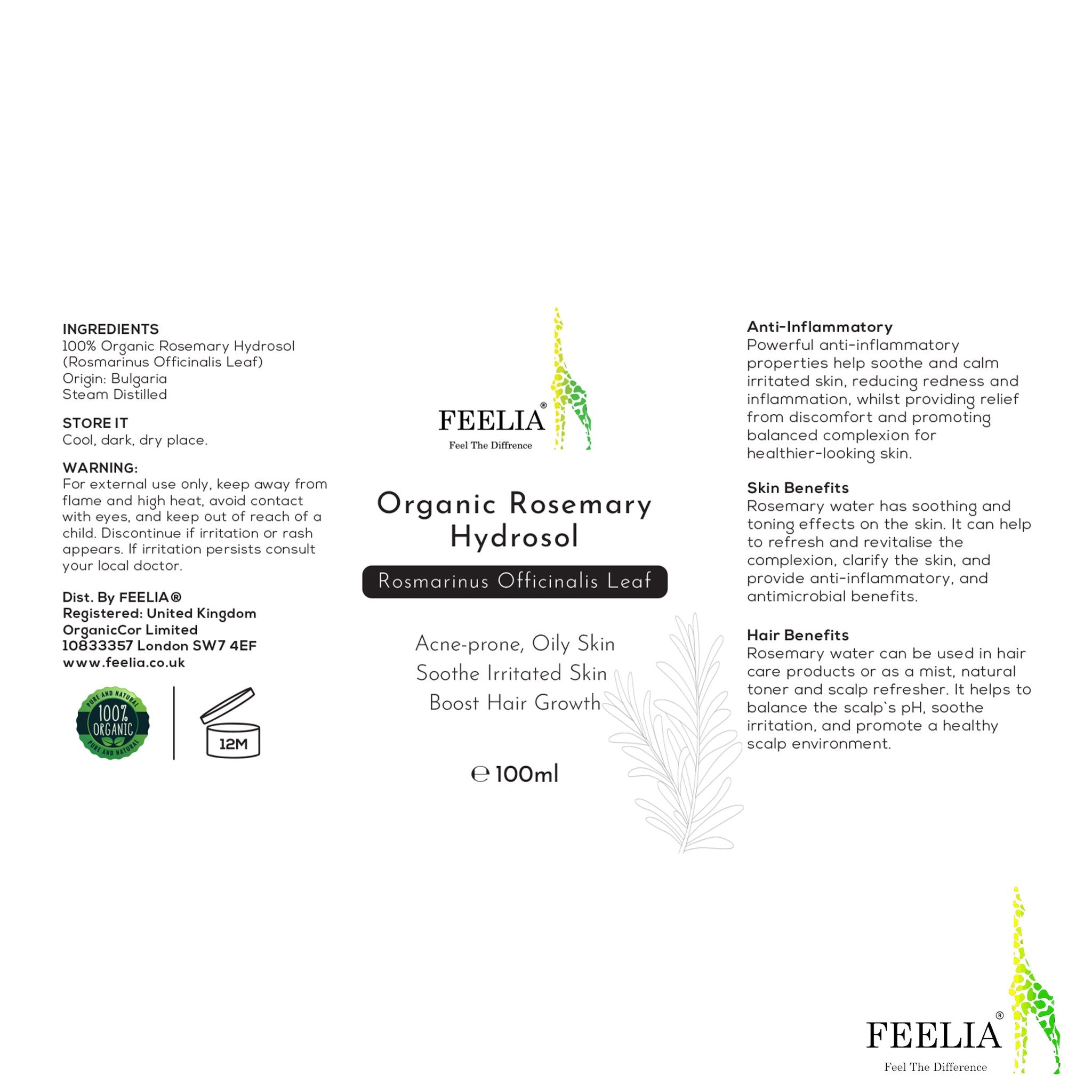 Rosemary hydrosol bottle with white label, green logo, and FEELIA brand text