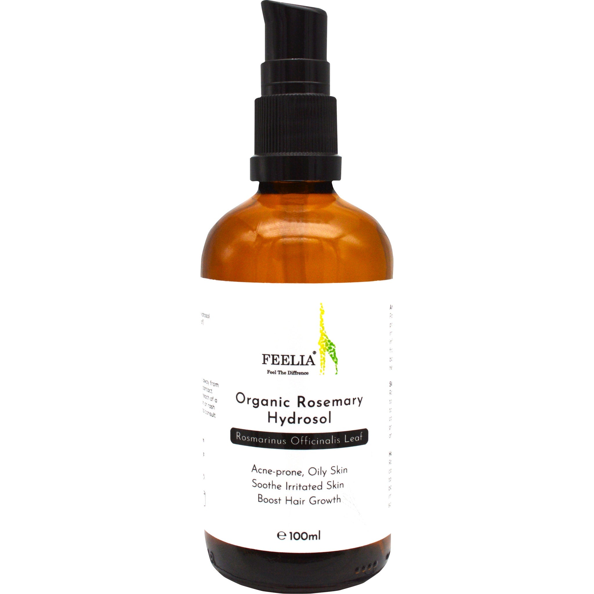 Rosemary Hydrosol bottle, amber glass, black pump top, white label with text