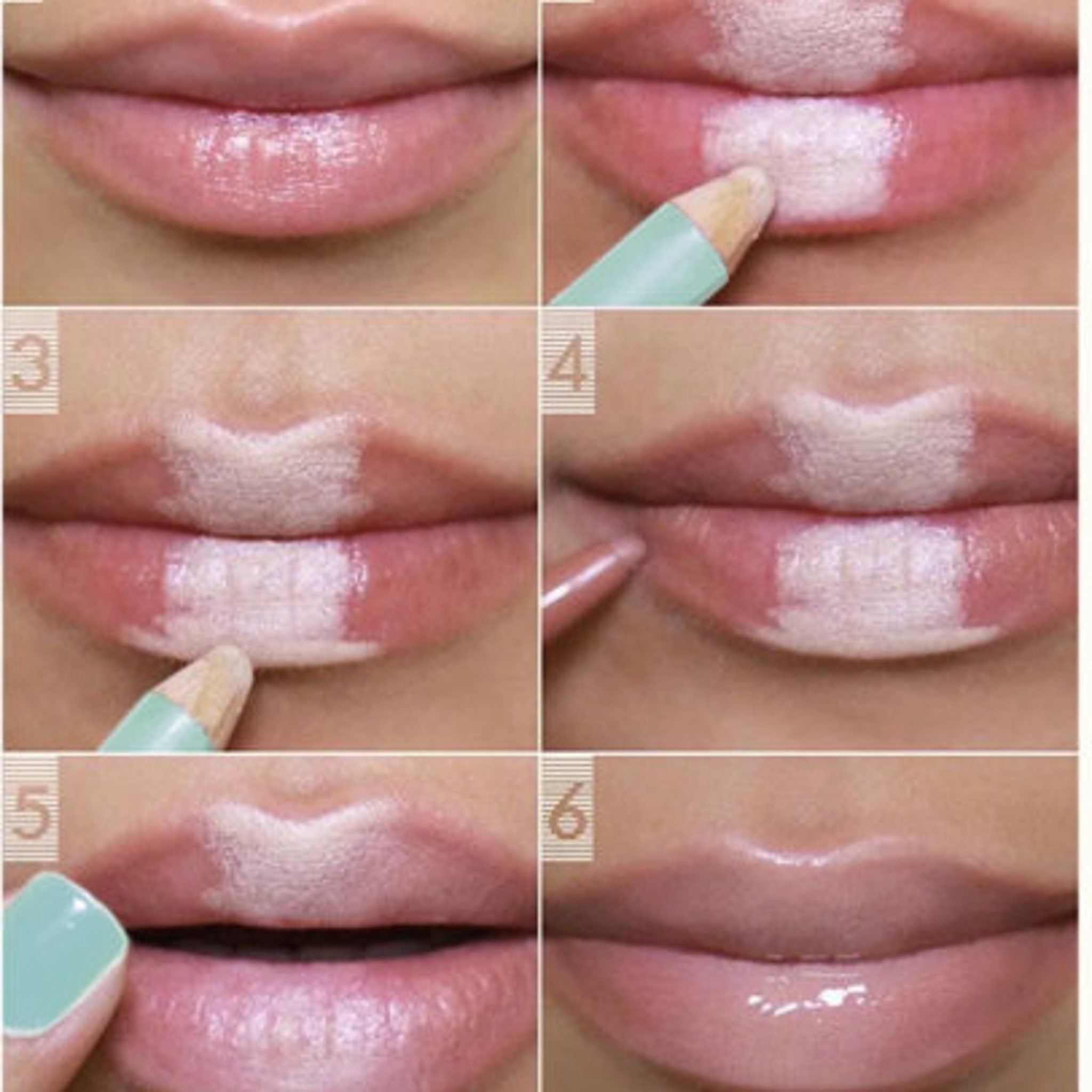 Lip makeup tutorial with pale white color, pencil applicator, and glossy finish on lips