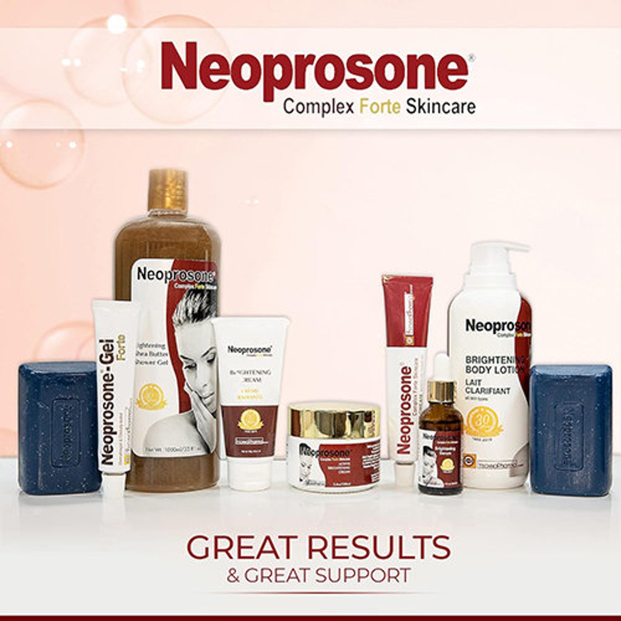 Neoprosone skincare products in various white, brown, and blue bottles and tubes, with text "Neoprosone" visible