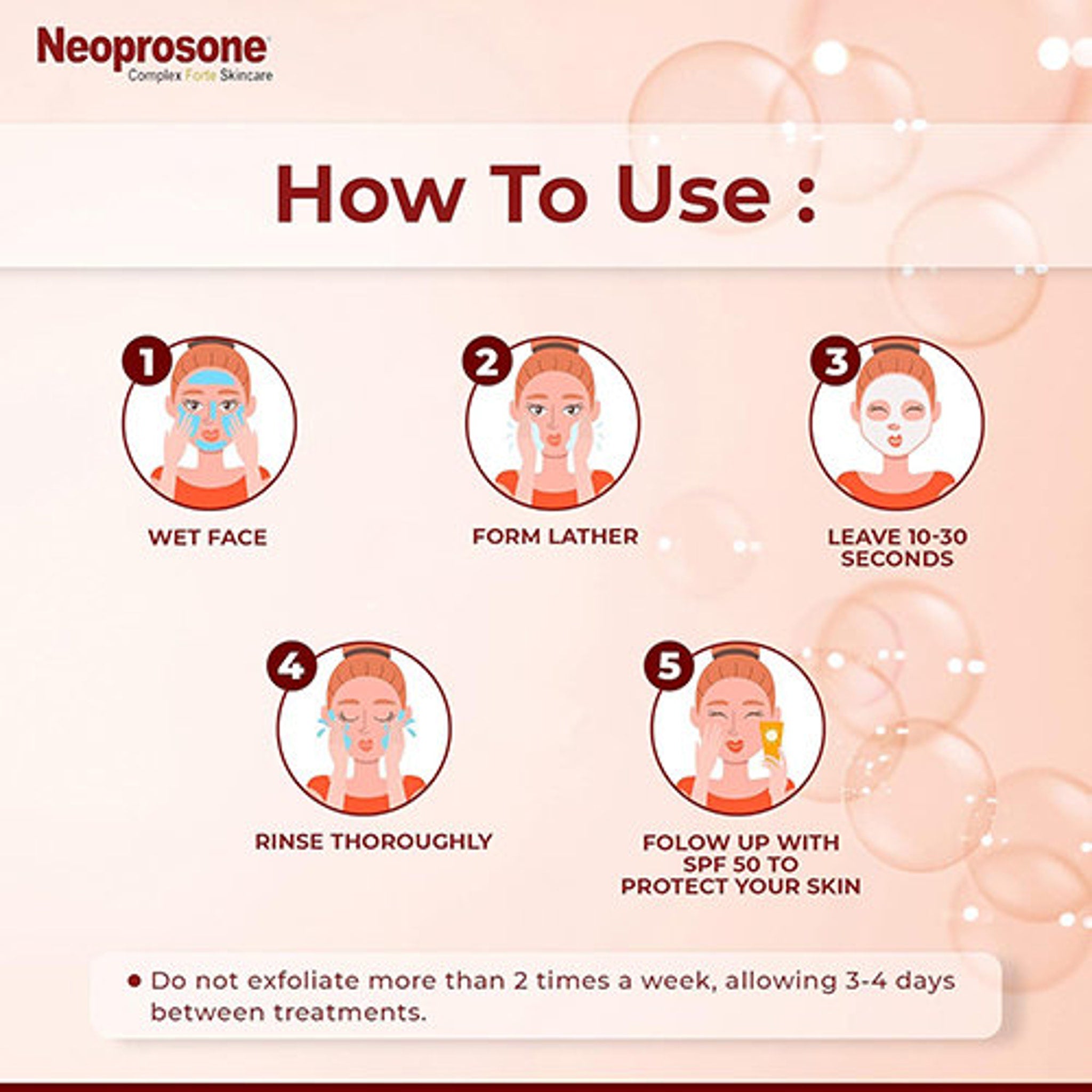 Skincare routine illustration with red and white text, steps with women, and bubble background.