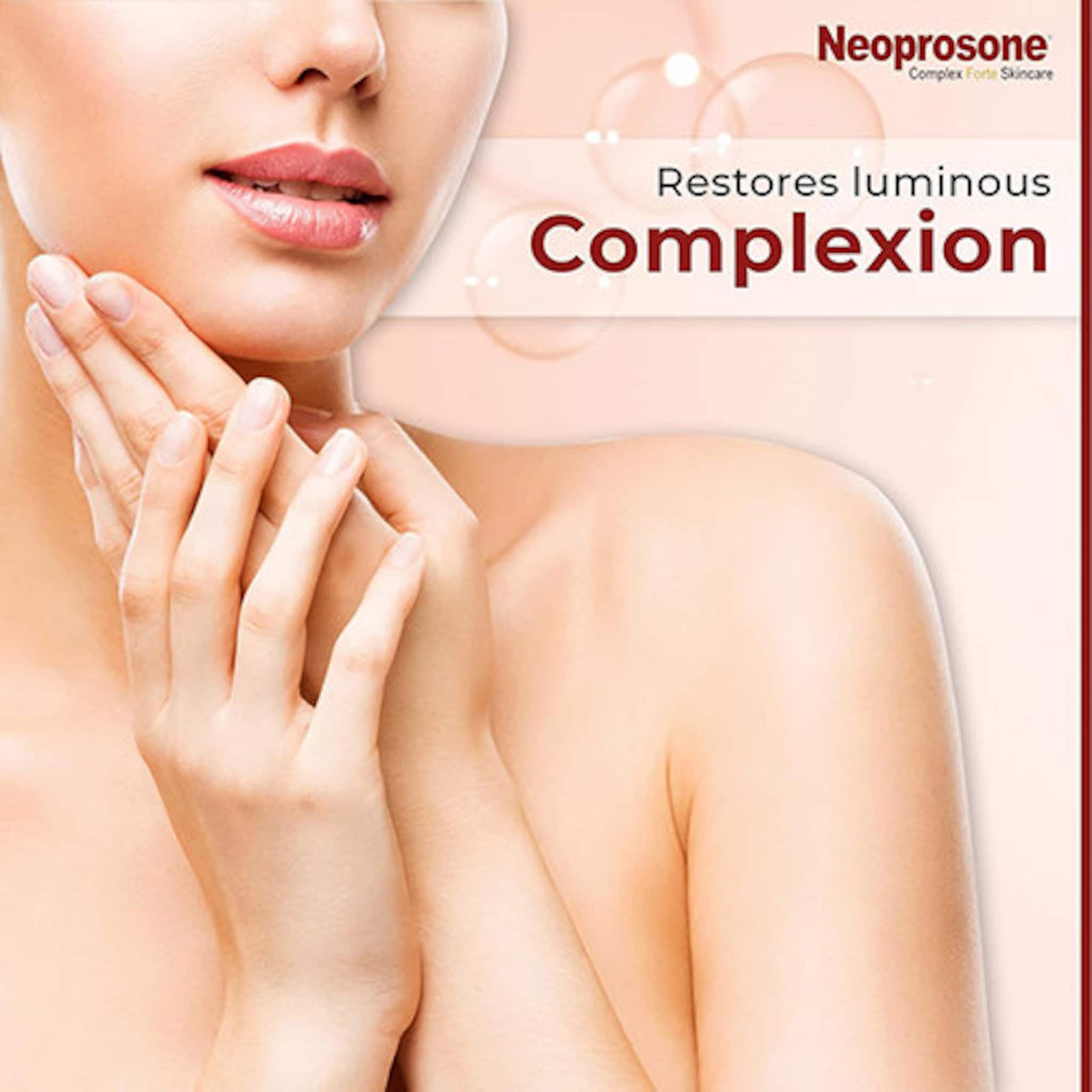 Complexion skin with light pink tone, hands touching face, Neoprosone brand visible