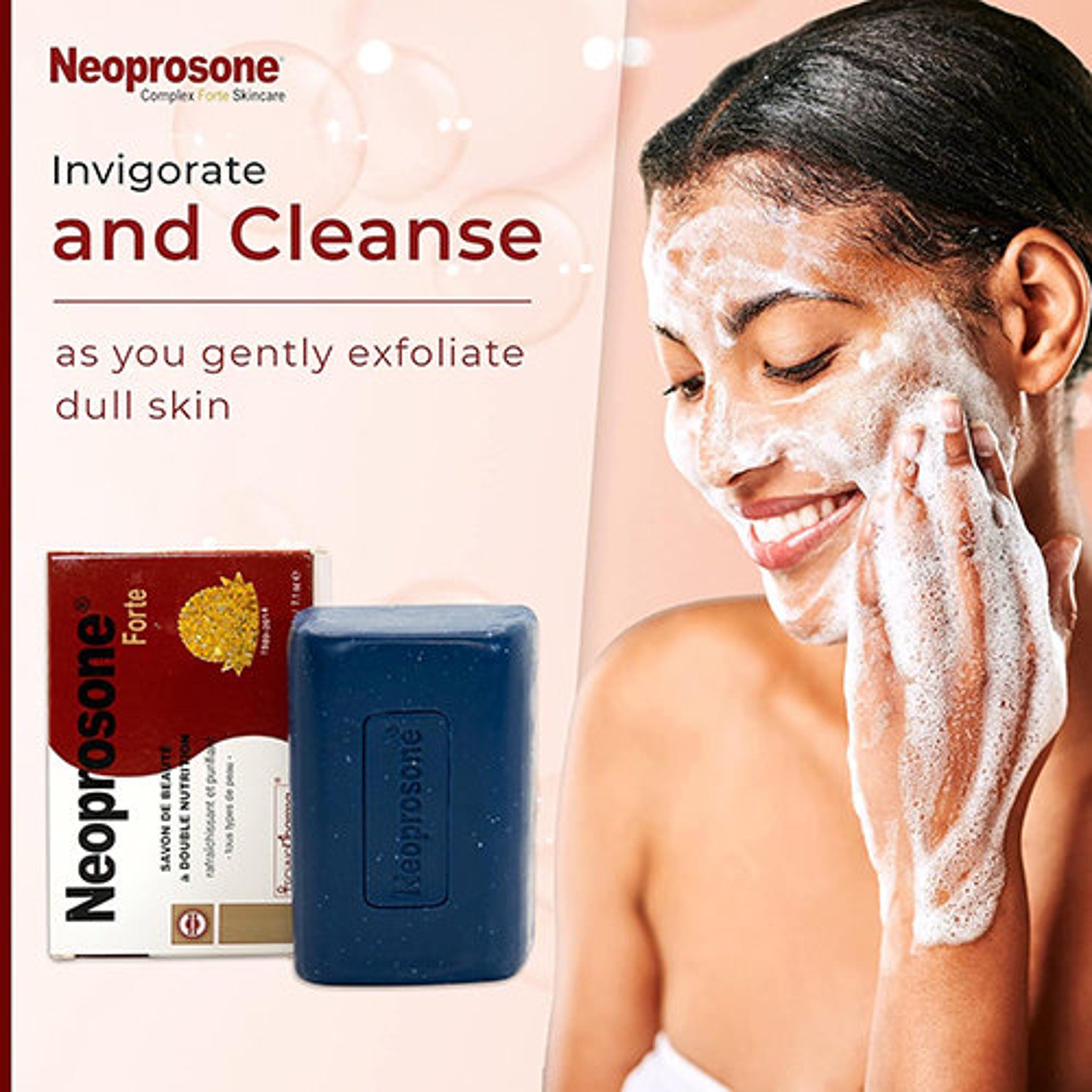 Soap bar and woman with foamy face wash, blue bar, red box, Neoprosone brand visible, cleansing skin