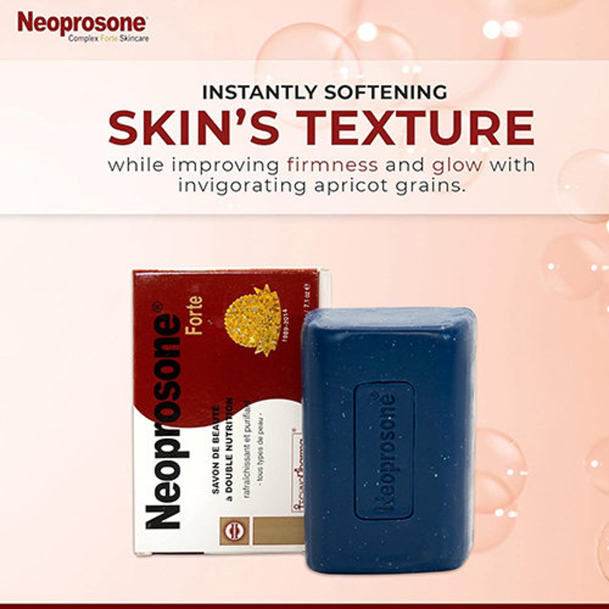 Soap bar with blue color, box with red and gold, Neoprosone brand visible