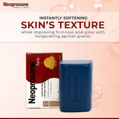 Soap bar with blue color, box with red and gold, Neoprosone brand visible