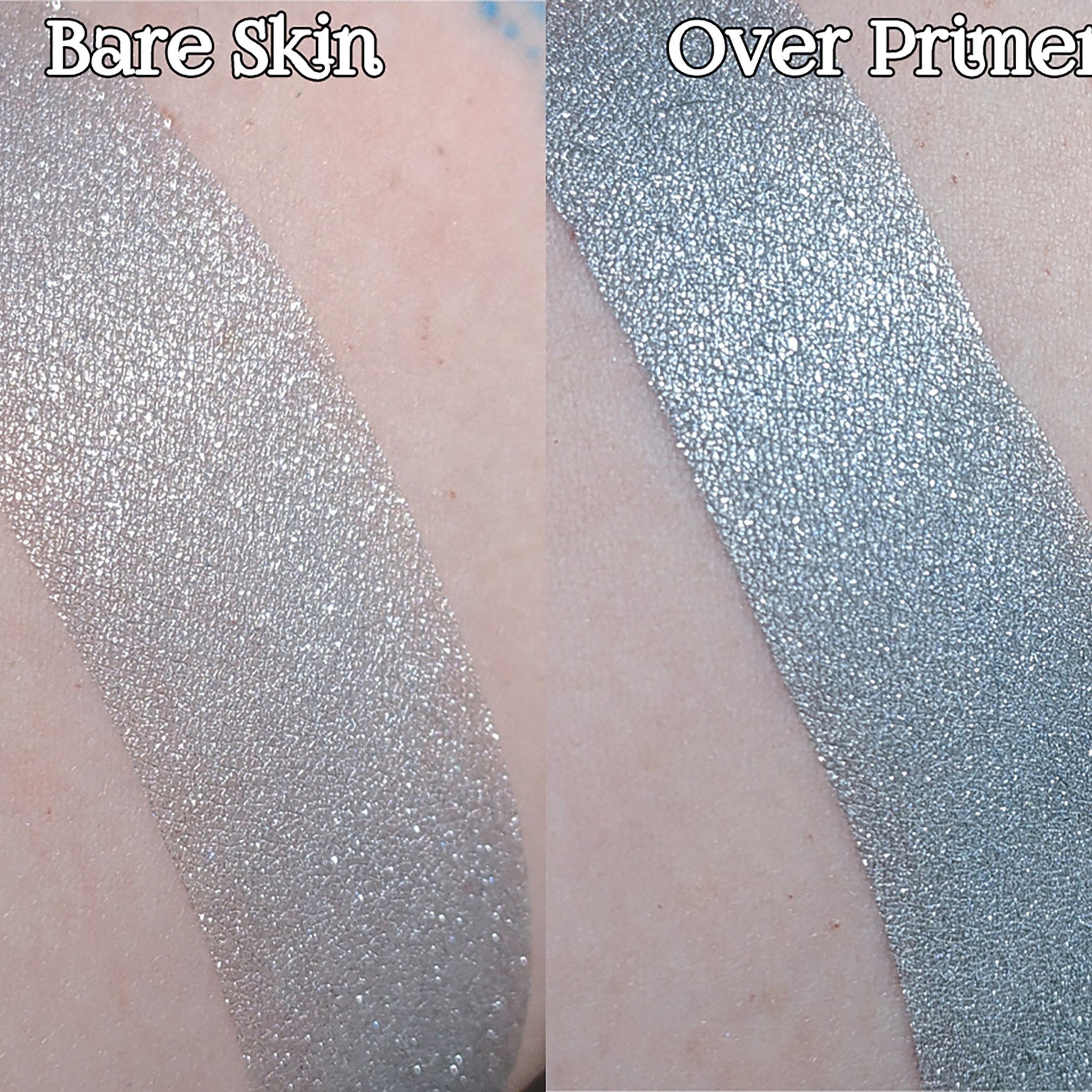 Swatches of silver glitter eyeshadow on skin, showing color and texture comparison