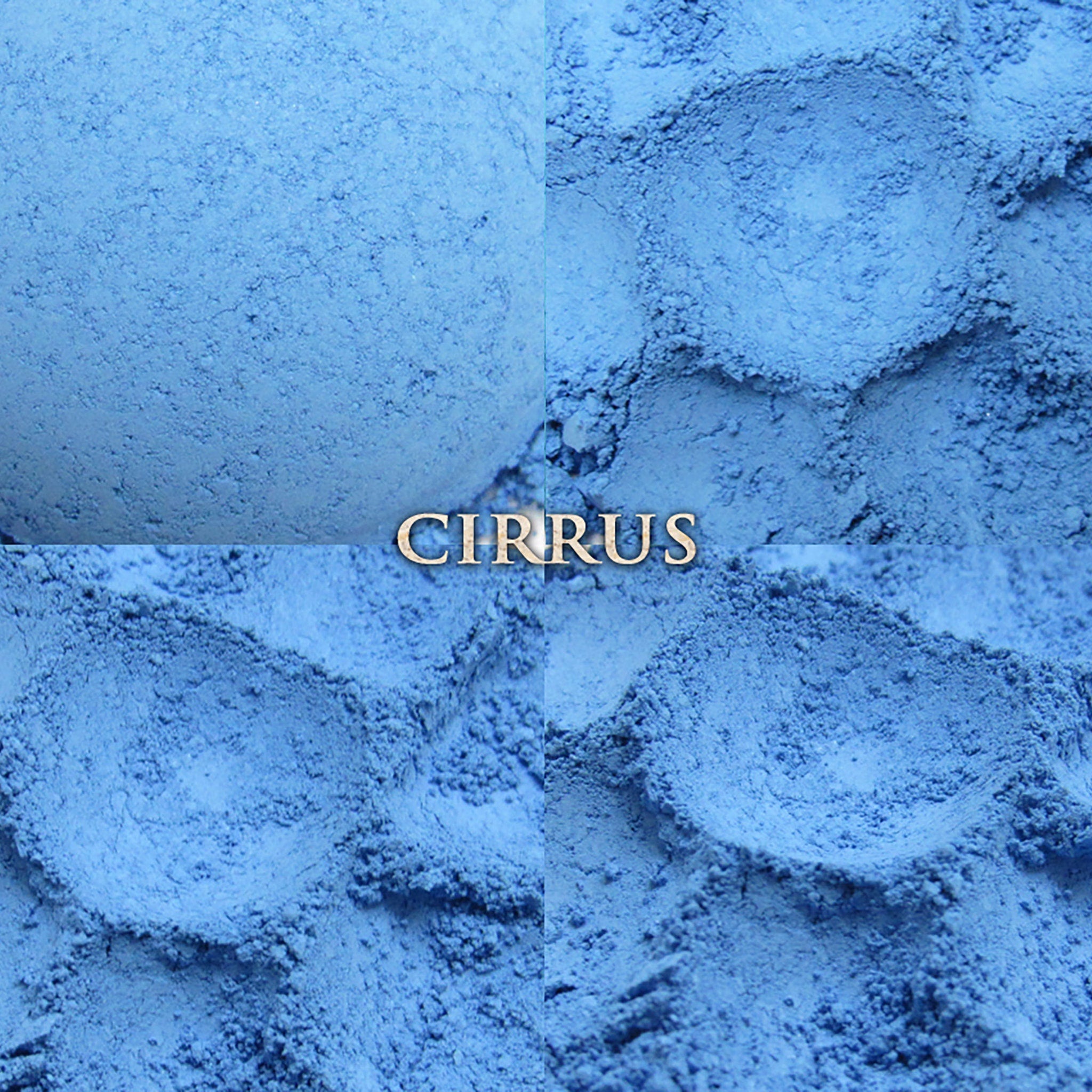 Side view of loose powder blue vegan eyeshadow in a clear jar with black screw-top lid, showcasing fine matte texture.