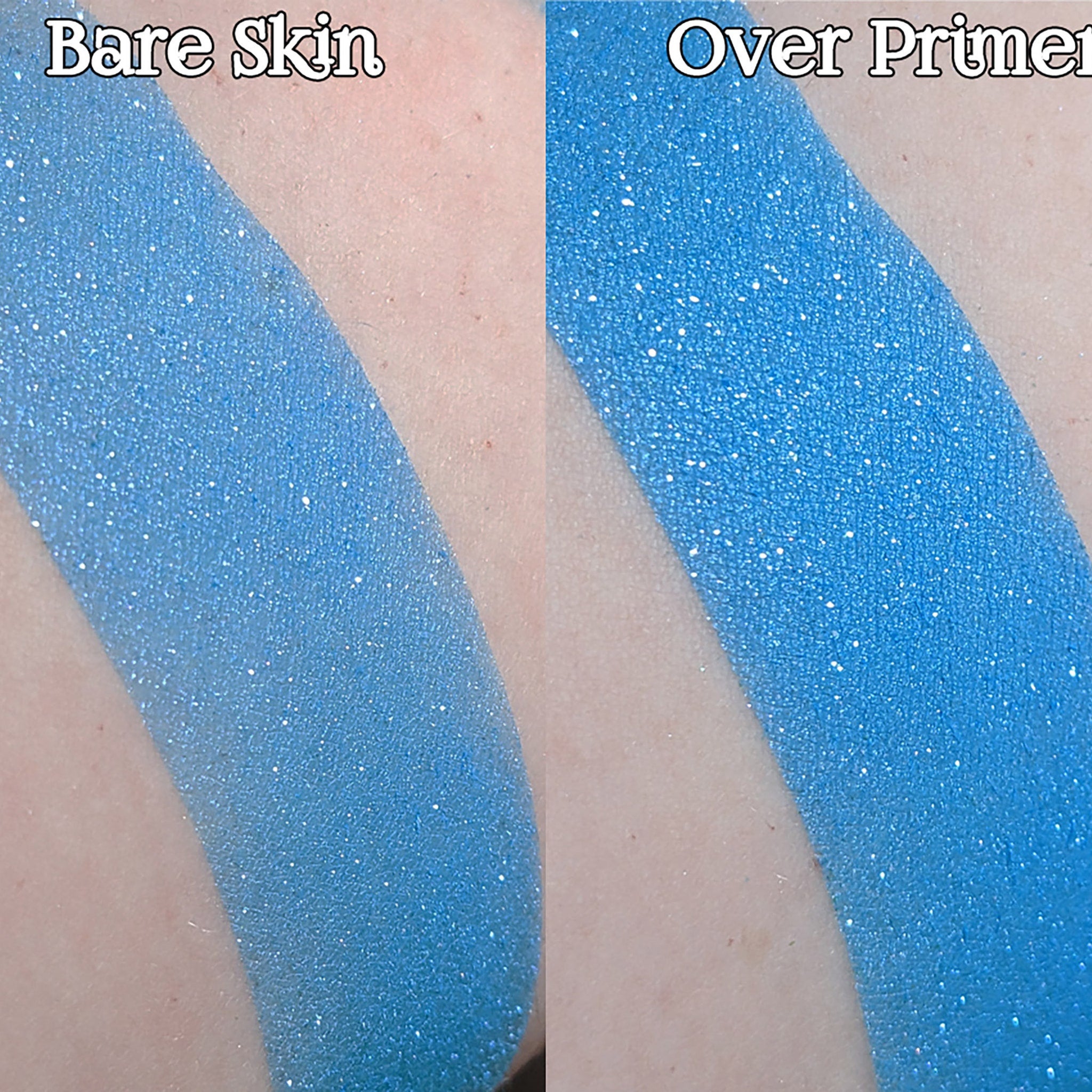 Blue glitter eyeshadow swatches on skin, showing color and texture comparison