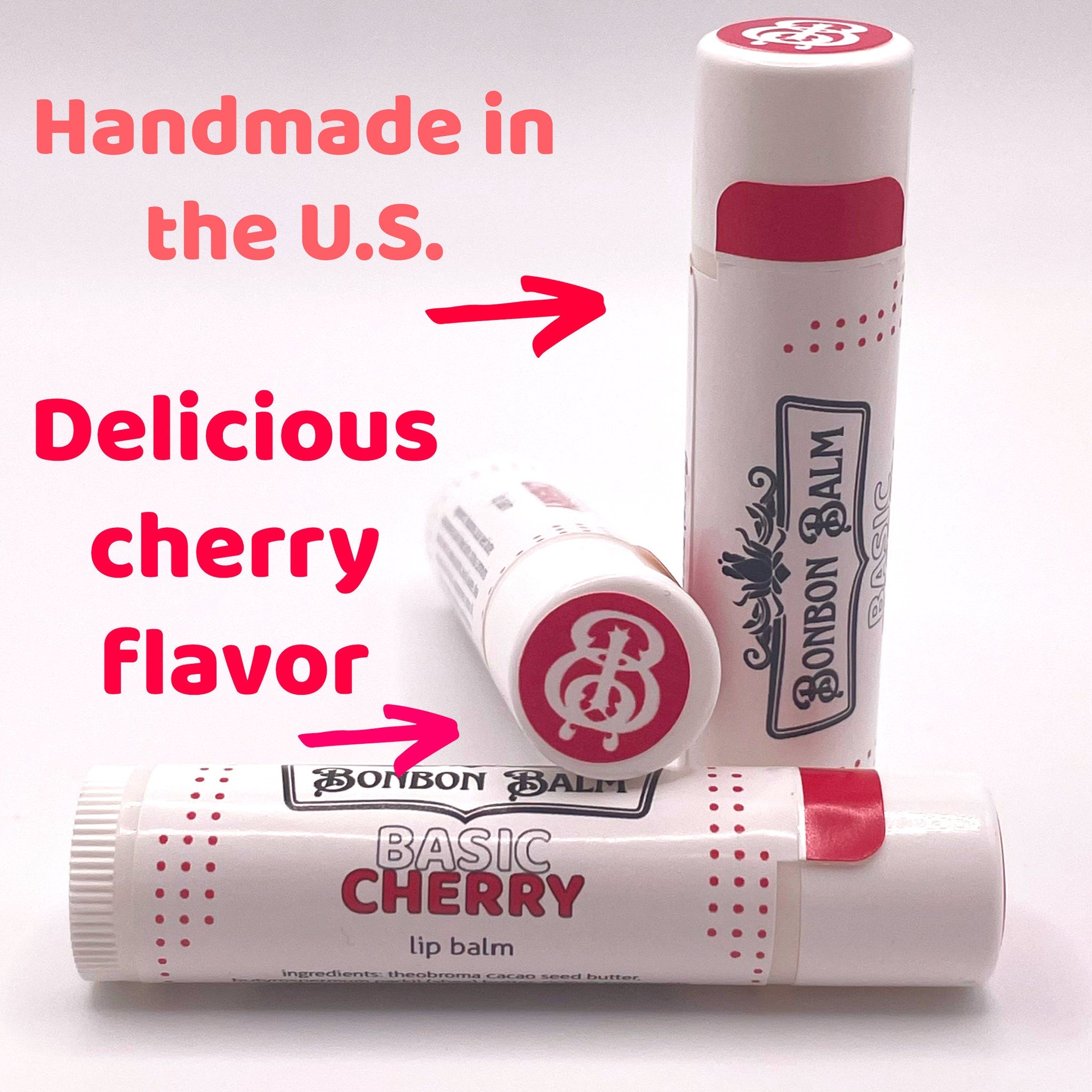 Lip balm tubes, white with red accents, Bonbon Balm brand, cherry flavor text visible