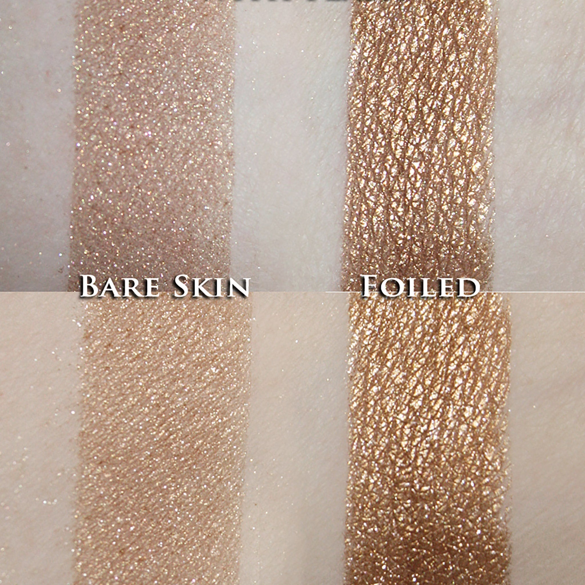 Golden brown loose powder eyeshadow in a clear jar with gold lid, showcasing sparkling duochrome and silver glitter.