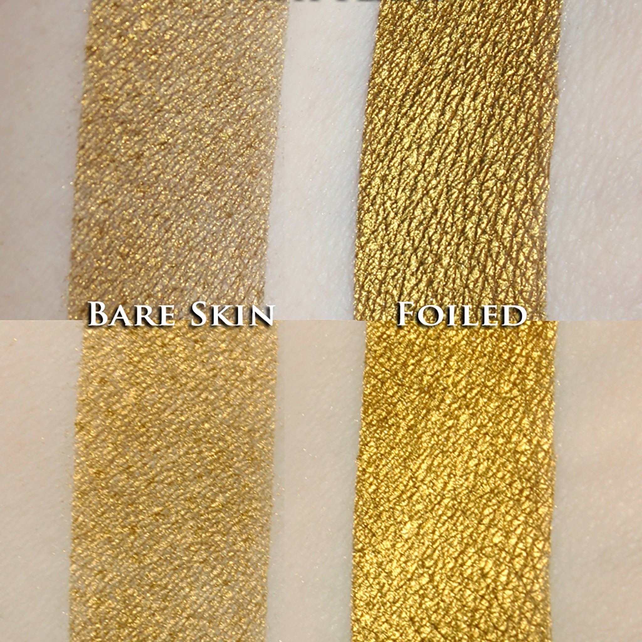 Hand applying metallic olive gold loose powder eyeshadow with a fluffy brush for a shimmery steampunk look