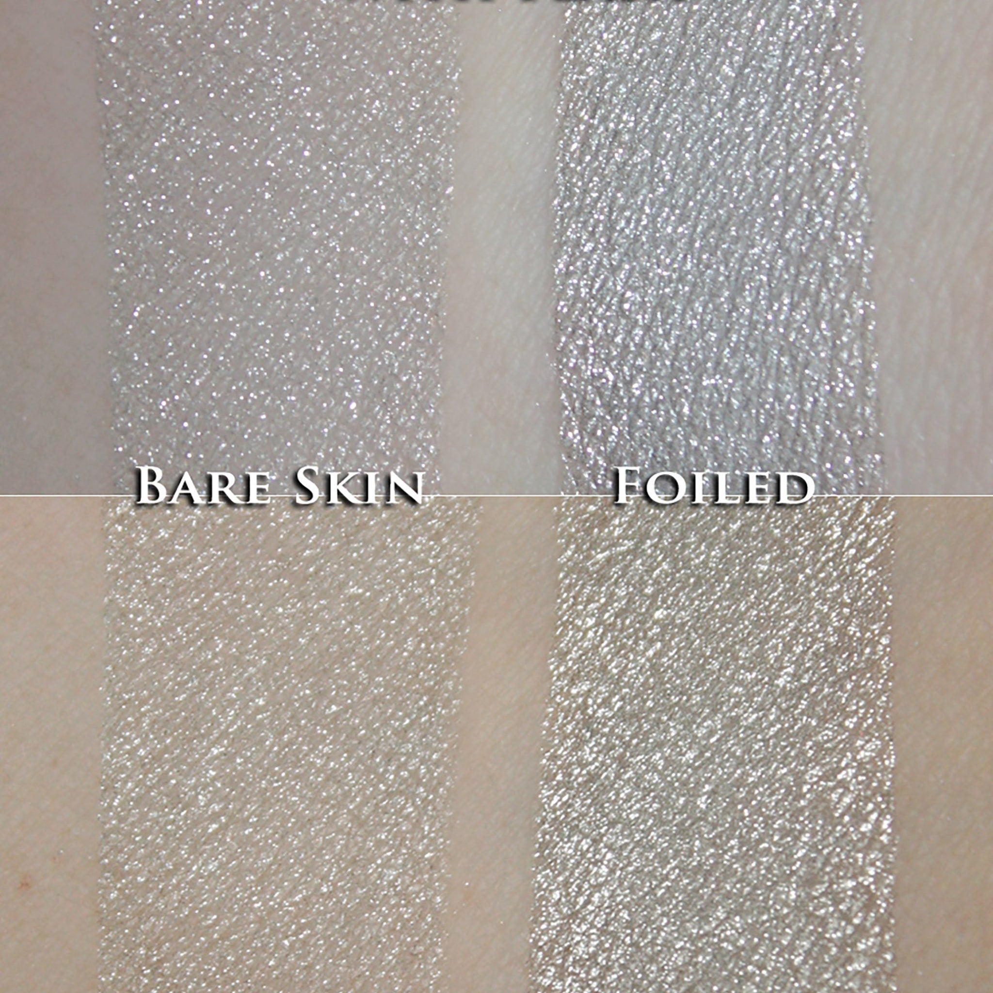 Silver eyeshadow swatches with glittery and foiled textures, shown on skin