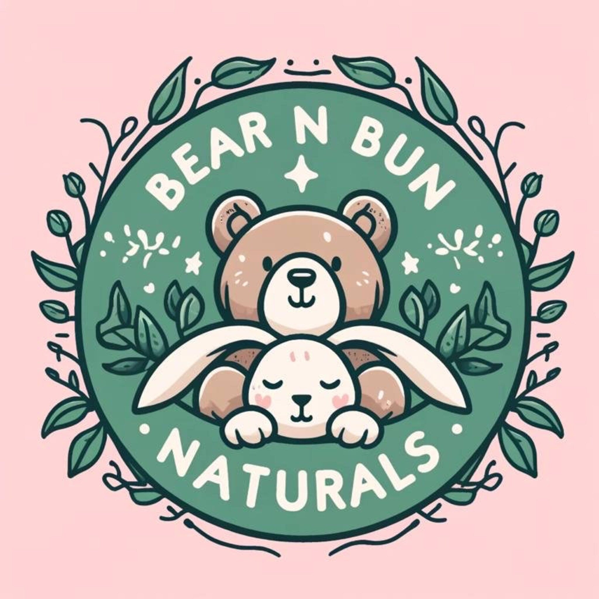 Bear and bunny logo with green and pink color scheme, surrounded by leaves, Bear N Bun Naturals text
