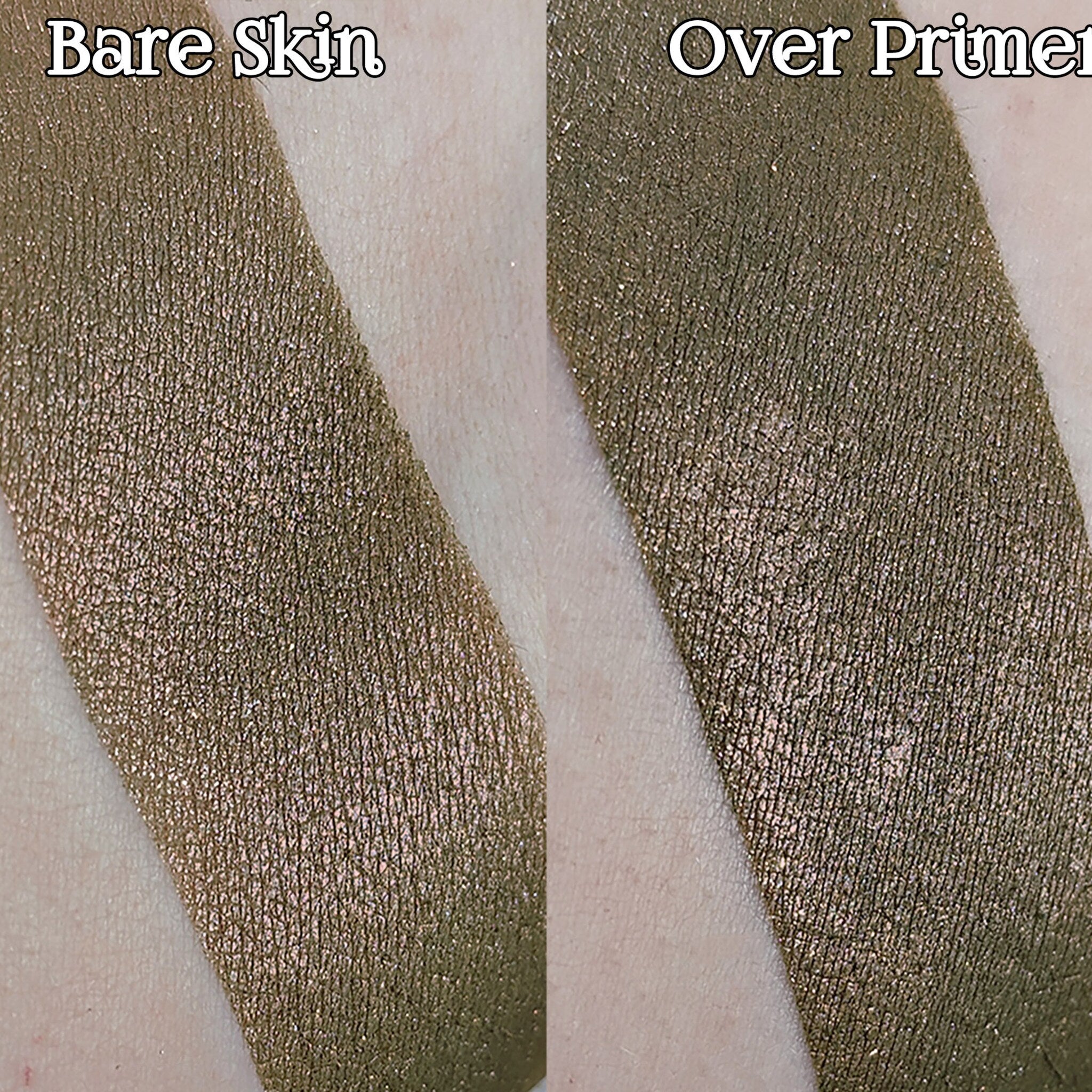 Close-up of BUNYIP loose powder eyeshadow jar with deep olive green and copper duochrome shimmer, vegan label visible