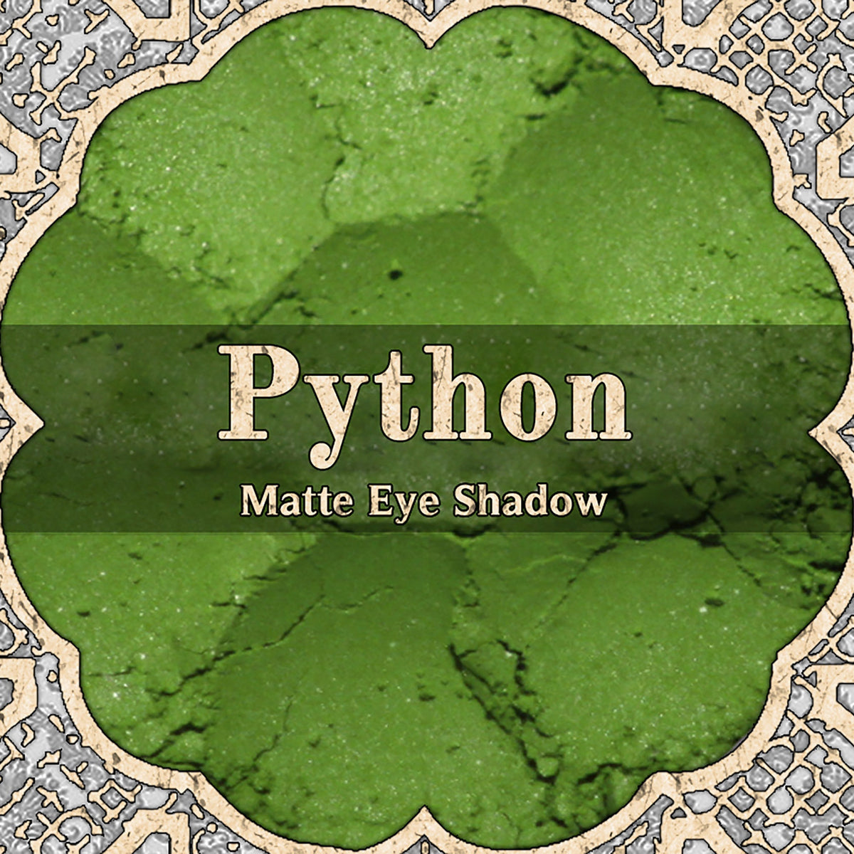 Vibrant matte bright green loose powder eye shadow in a sleek black container with python-inspired texture.