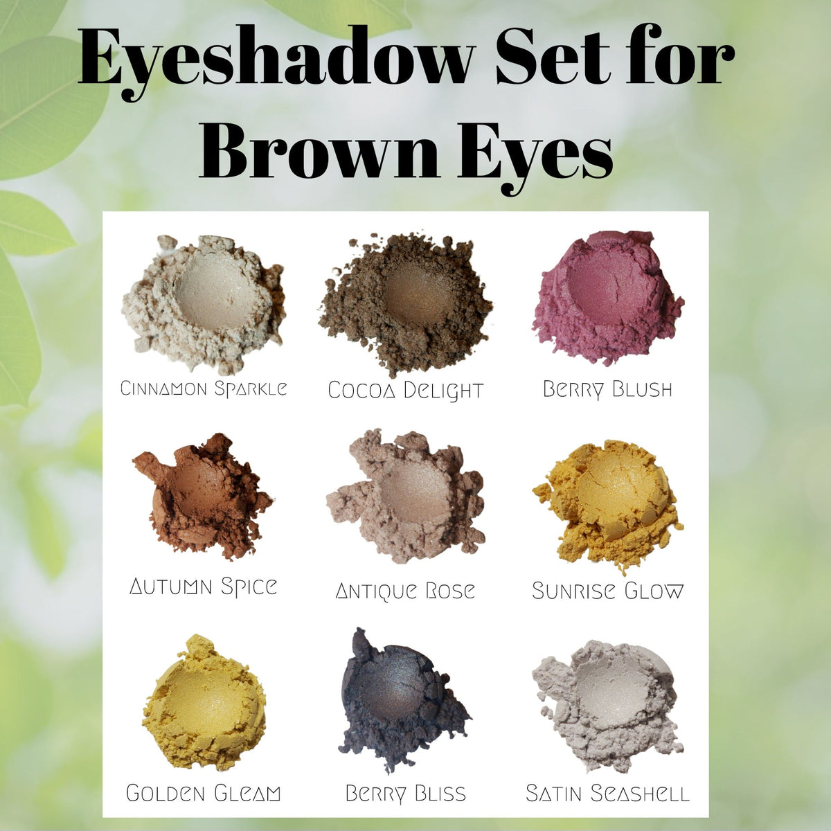 Stacked matte and shimmer vegan eyeshadow pans in warm brown tones for natural looks