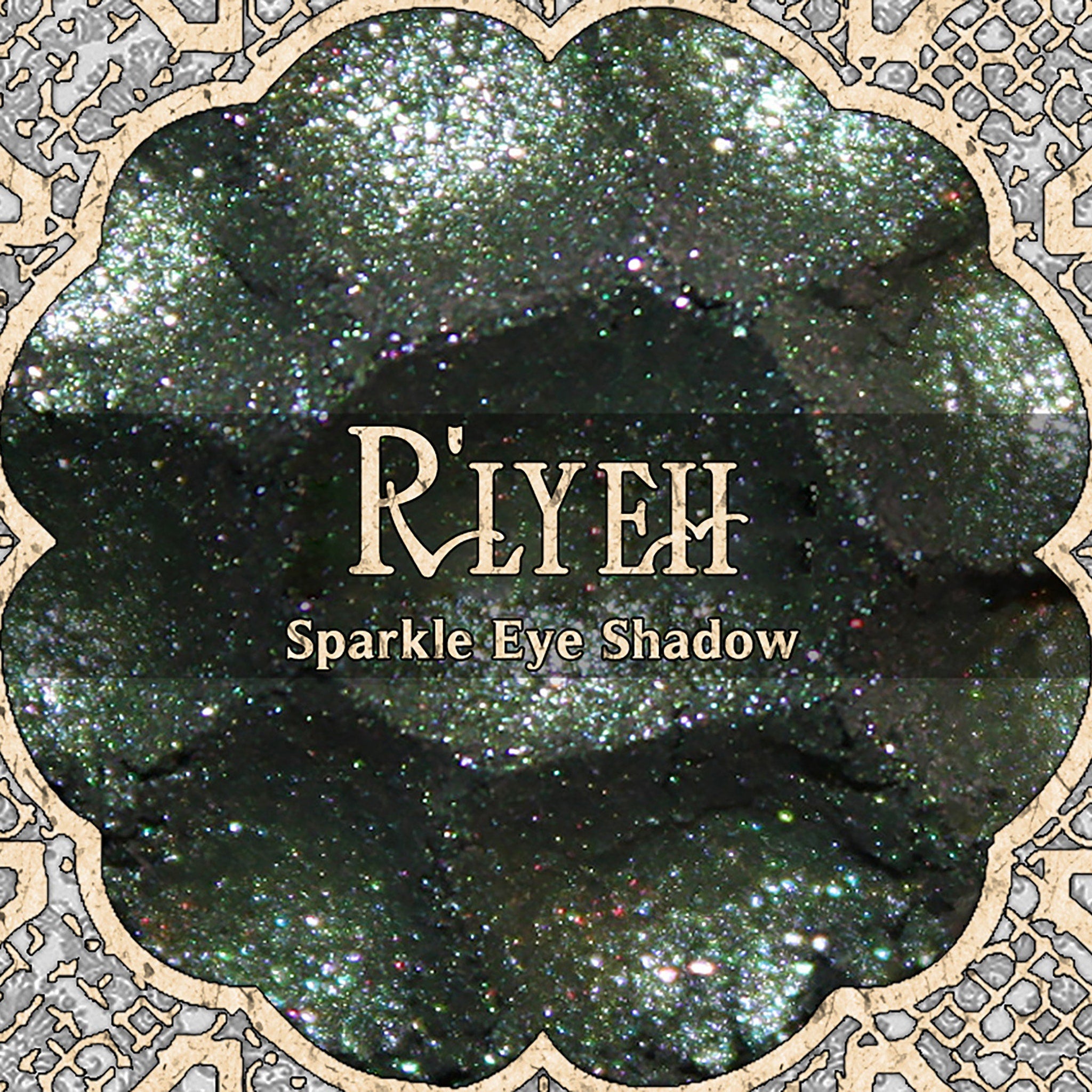 Main product view of RLYEH Vegan Loose Powder Eye Shadow - Dark Olive Green with Pink Sparkle