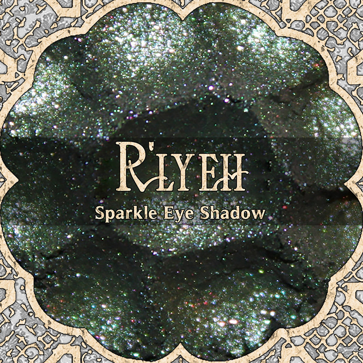 Main product view of RLYEH Vegan Loose Powder Eye Shadow - Dark Olive Green with Pink Sparkle