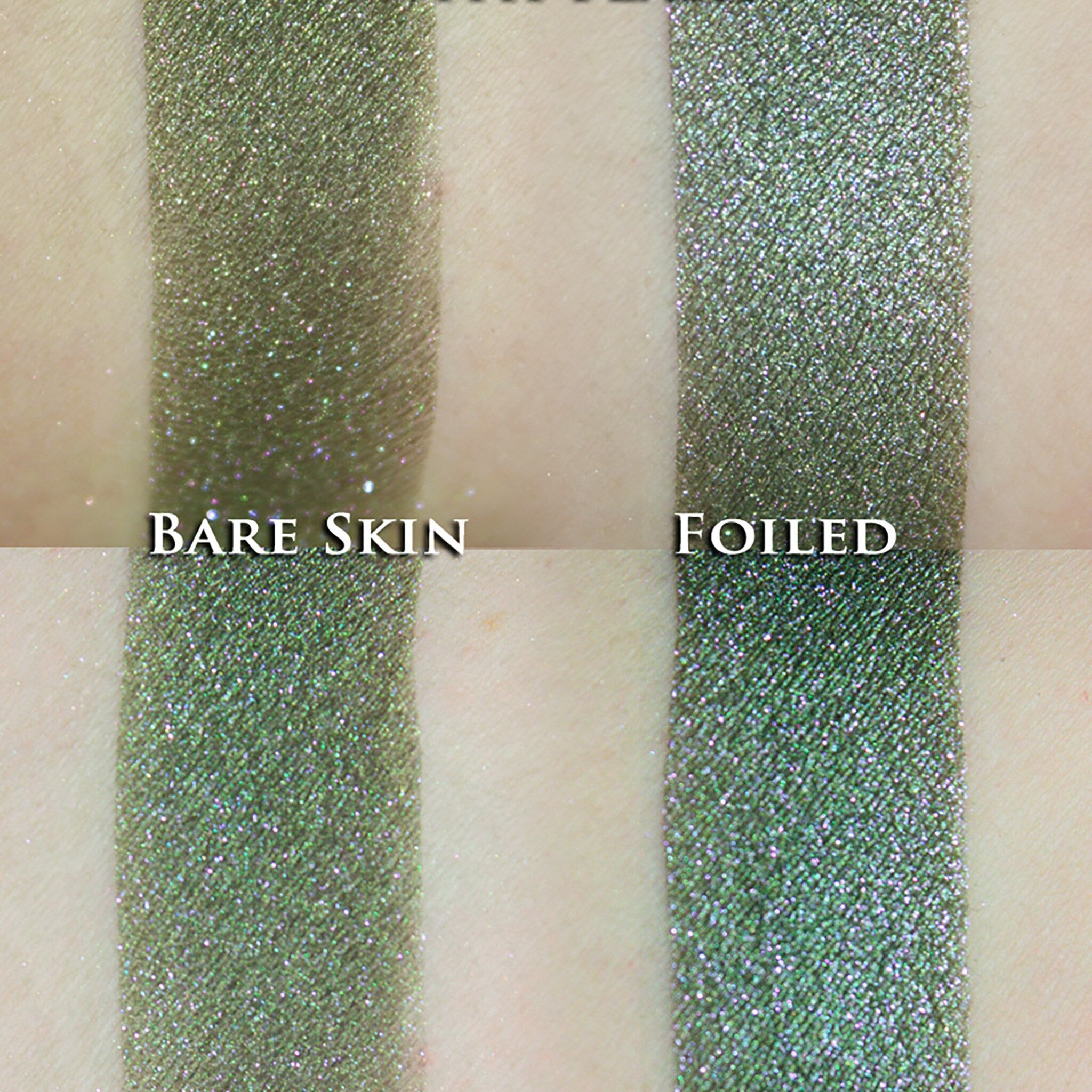 Hand applying vegan loose powder eye shadow in dark olive green with pink sparkle to eyelid