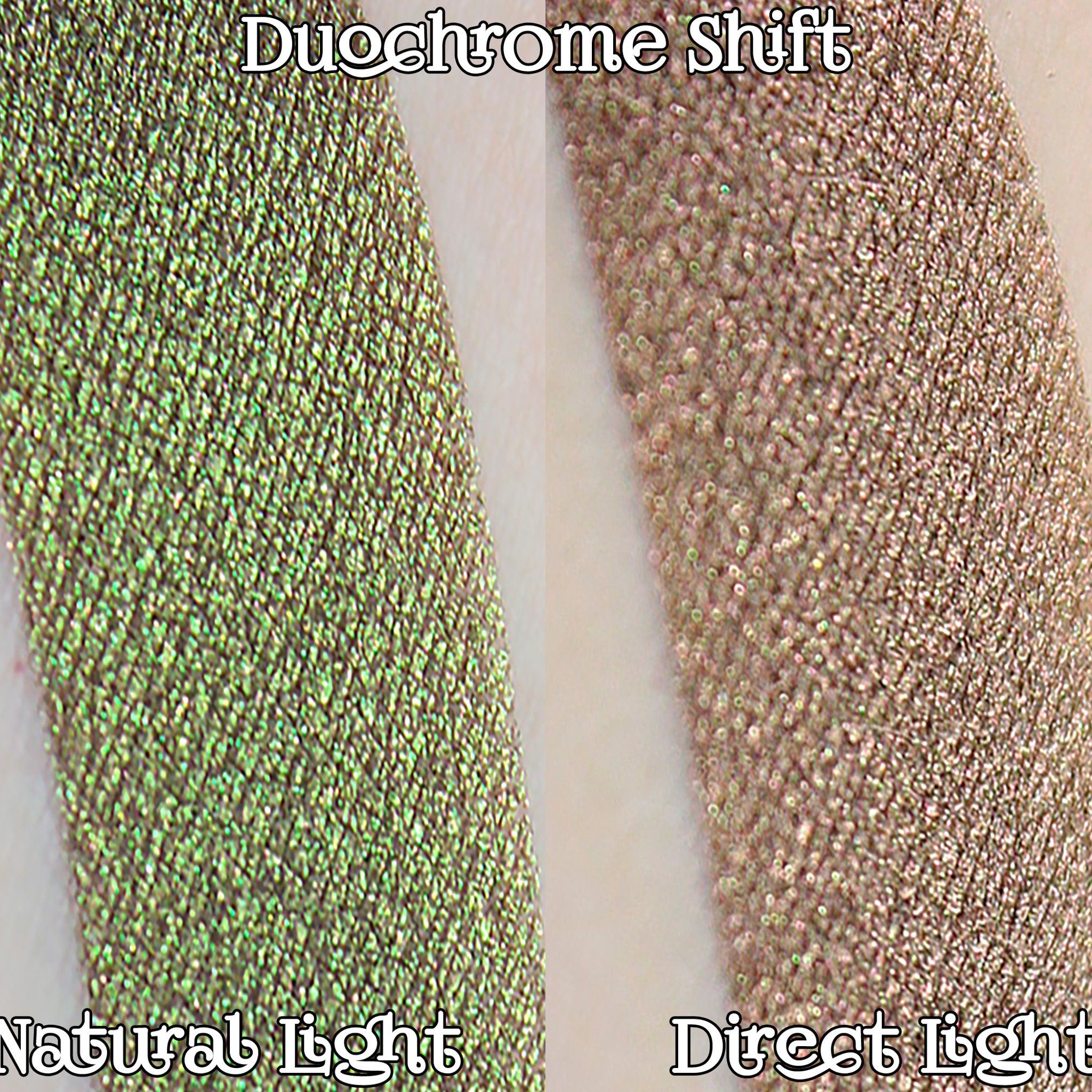 Duochrome shift swatch, green and tan glitter, natural and direct light comparison
