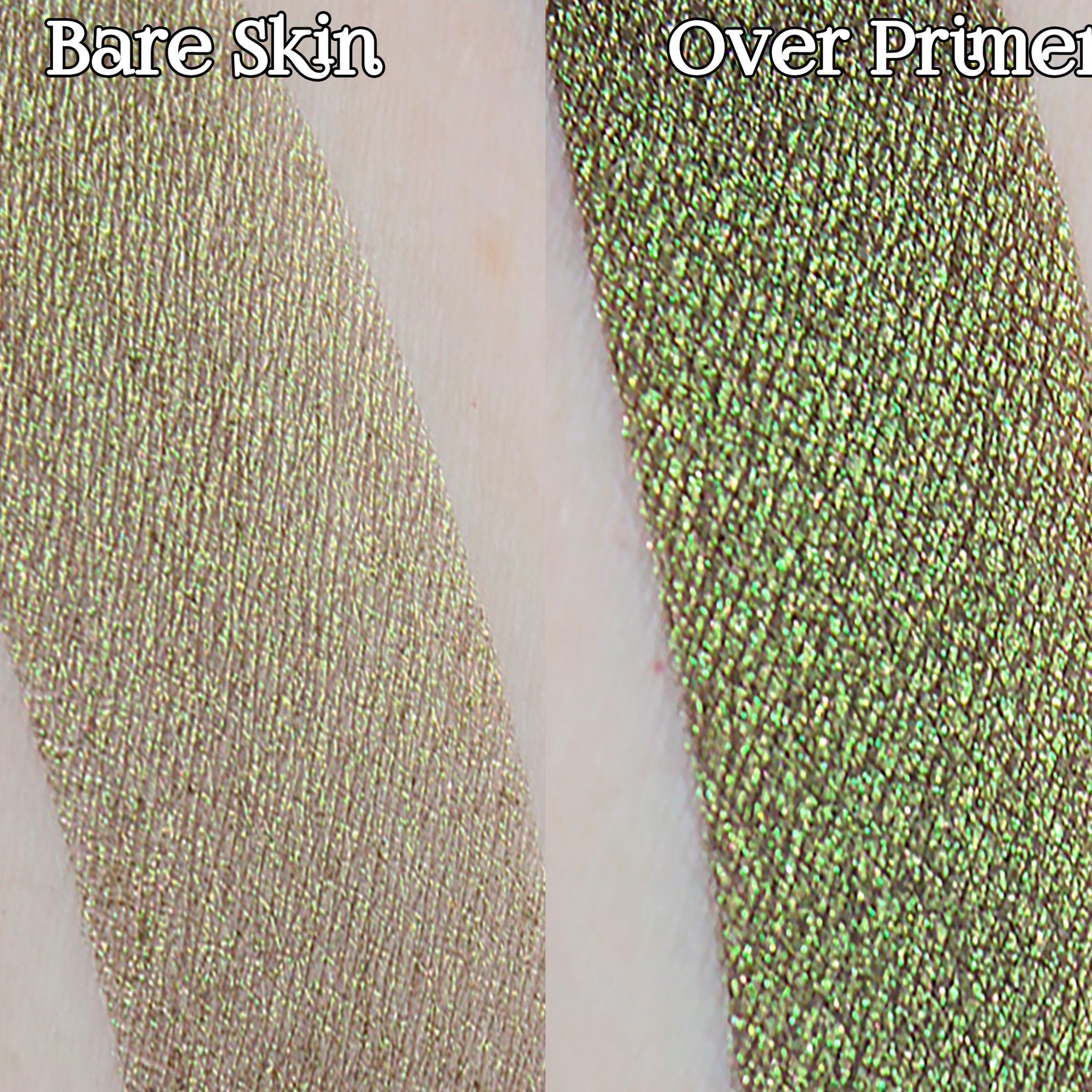 Glitter eyeshadow swatch, metallic green and gold with crosshatch pattern, over bare skin and primer