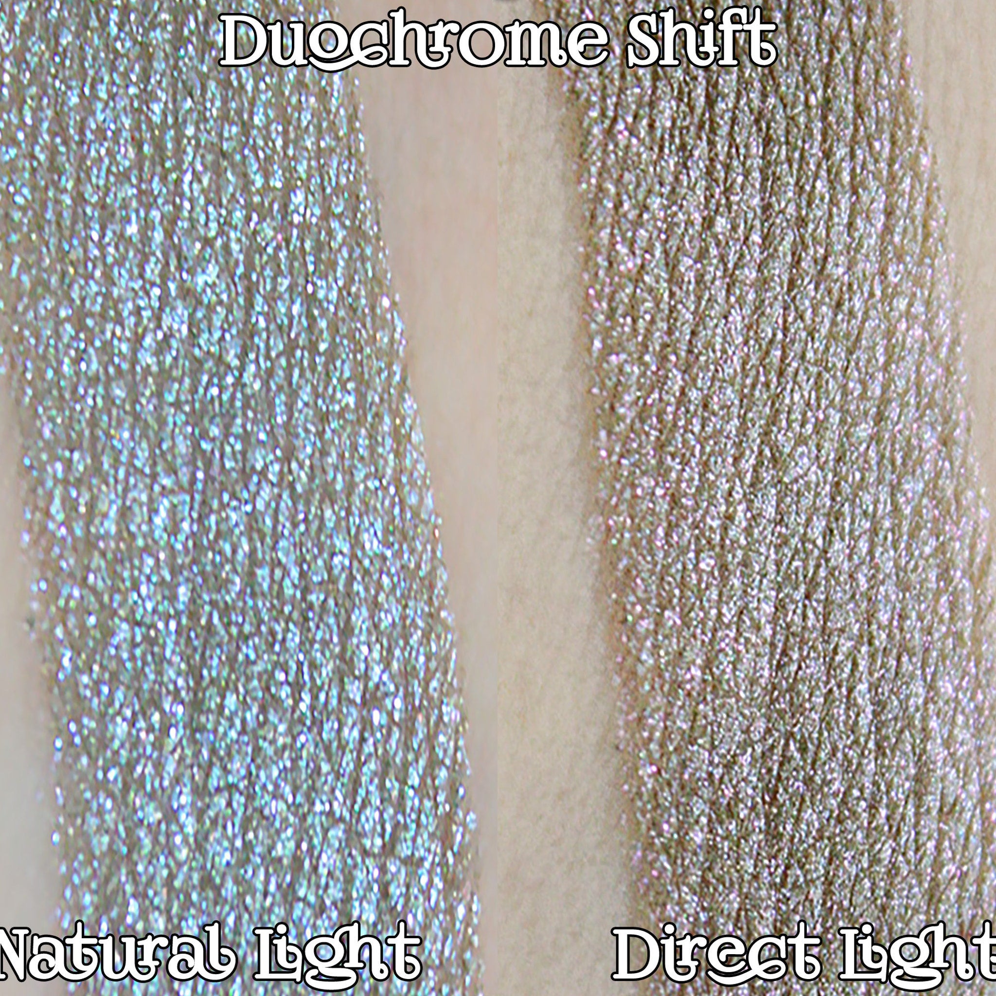Square compact of shimmery grey taupe eyeshadow with lavender duochrome, displayed open on marble surface