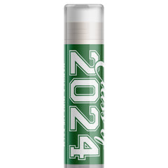 Lip balm tube, green with white text "Class of 2023" and clear cap, Delight Naturals brand name visible