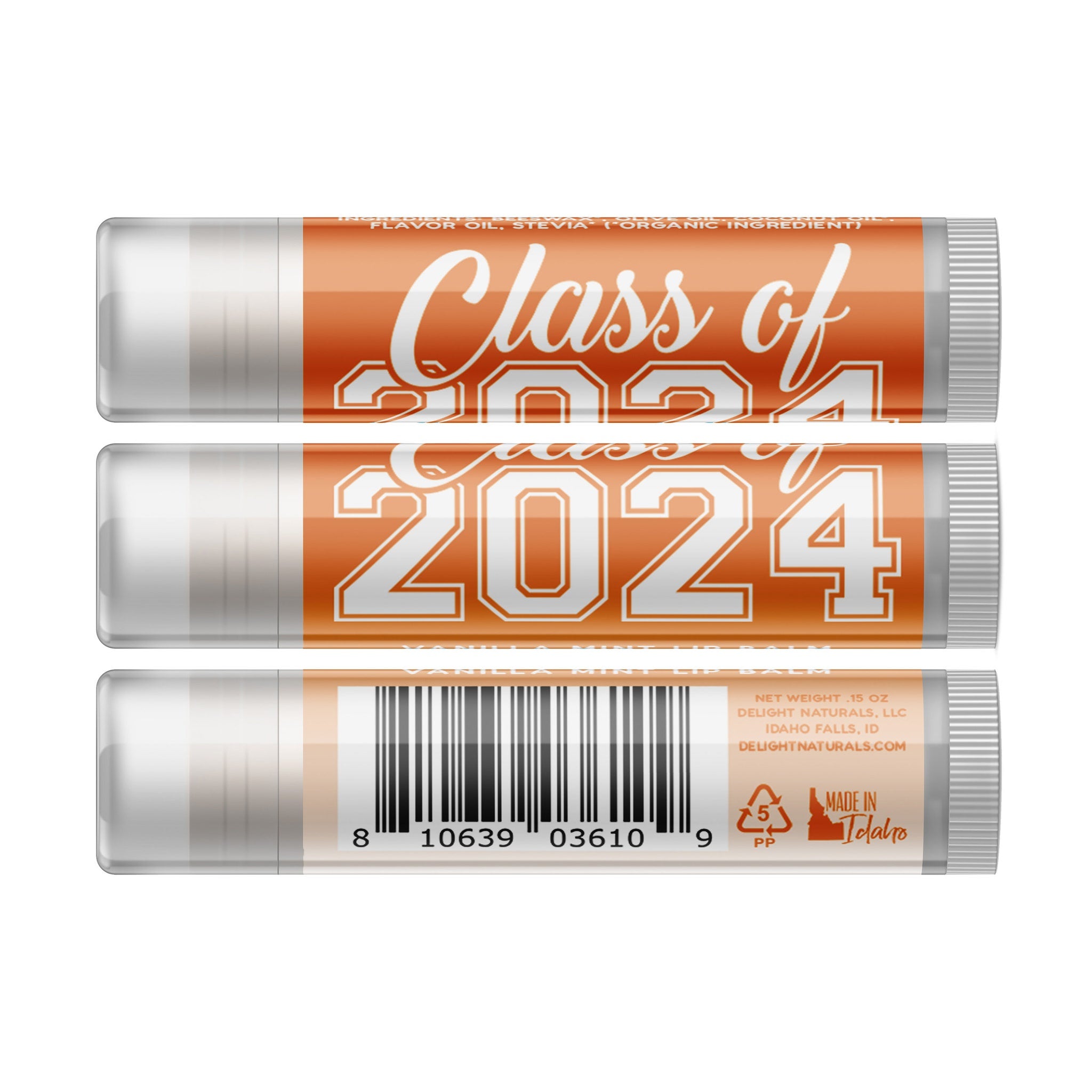 Lip balm with orange and white label, "Class of 2024" text, and barcode with "Made in Idaho" text visible