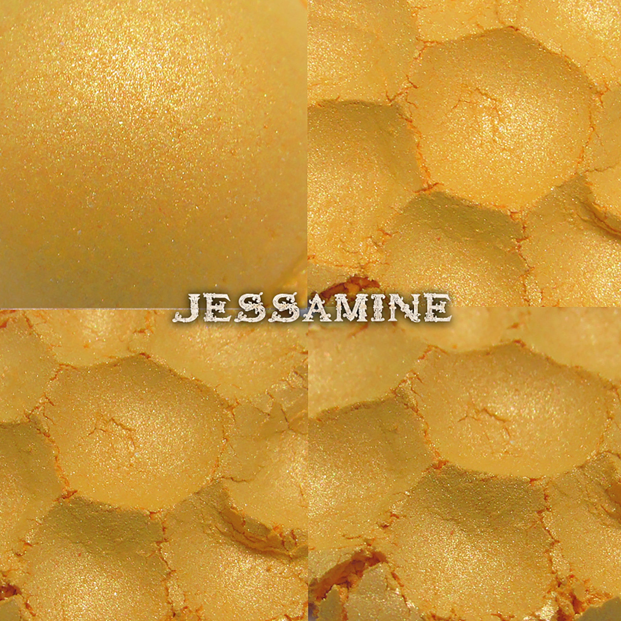 Side view of Jessamine duochrome eye shadow pot showing golden yellow shimmer shifting to orange in light