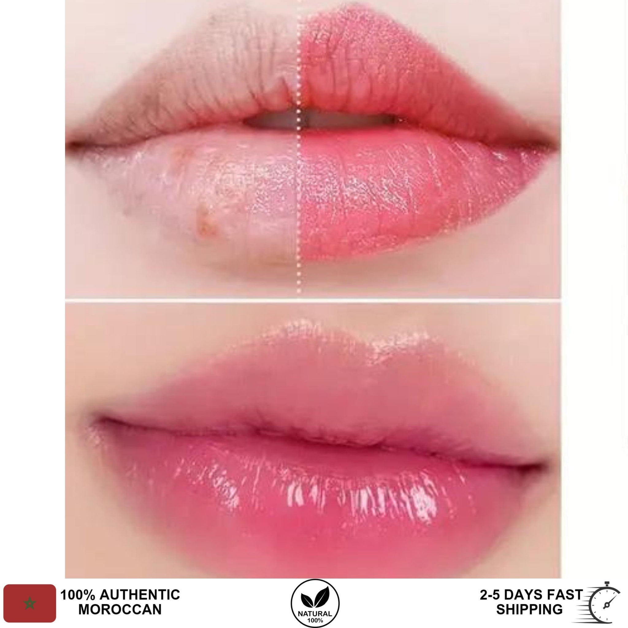 Lip treatment comparison showing pink glossy lips before and after application