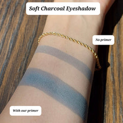 Soft charcoal vegan eyeshadow pan with semi-matte grey-black finish in minimalist black compact.