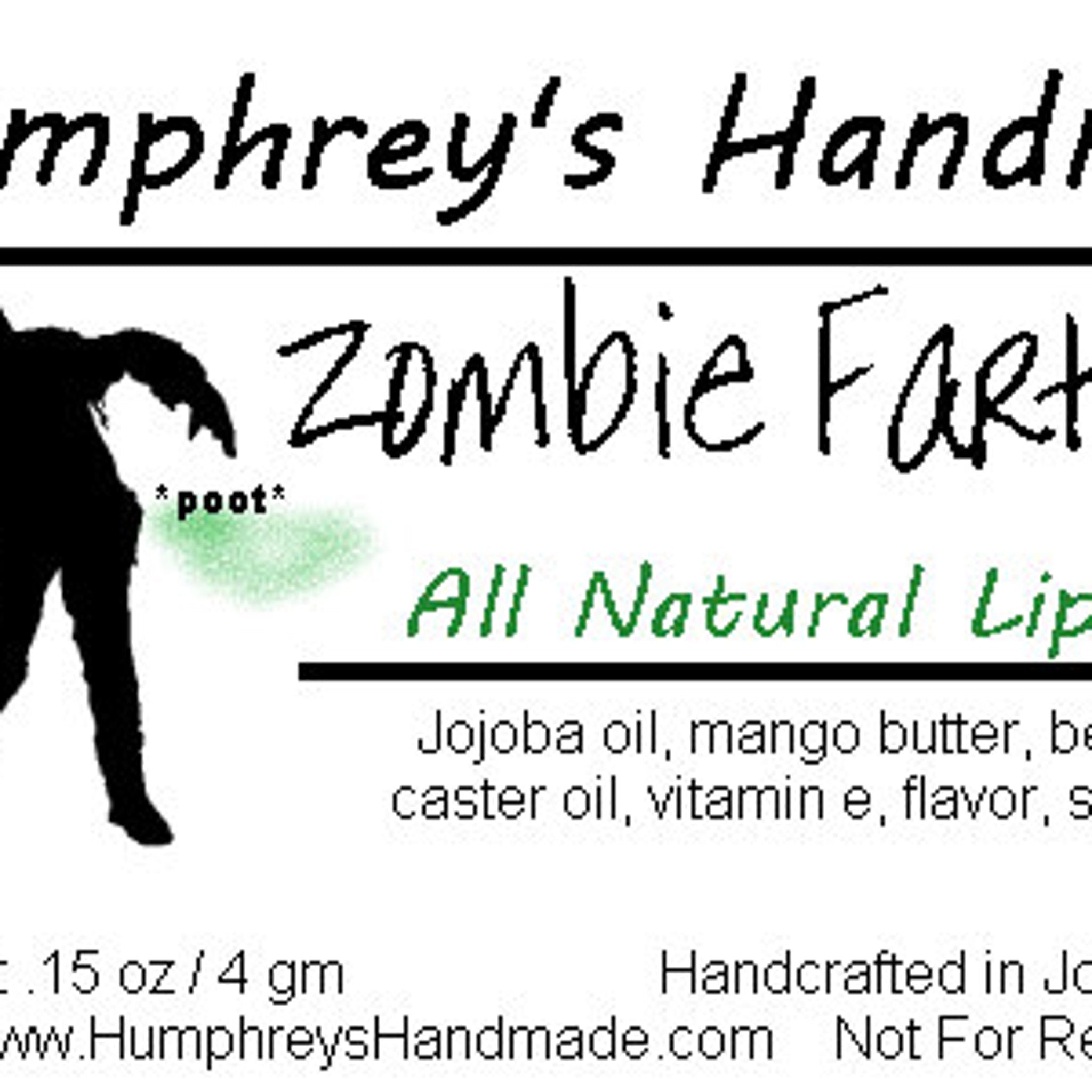 Lip balm label with black text, green accents, and Humphreys Handmade brand name